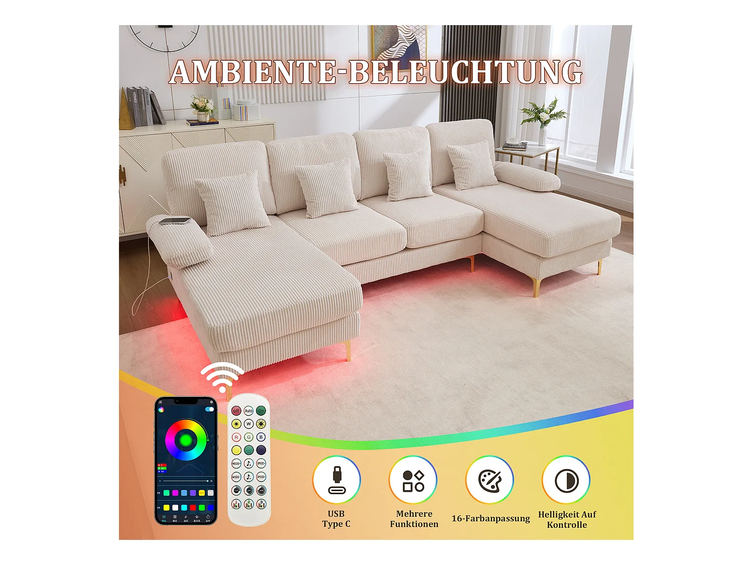 Canapé en forme de U - 265 x 135 x 88 cm - avec Leds + port USB-C + 4 coussins - velours - beige