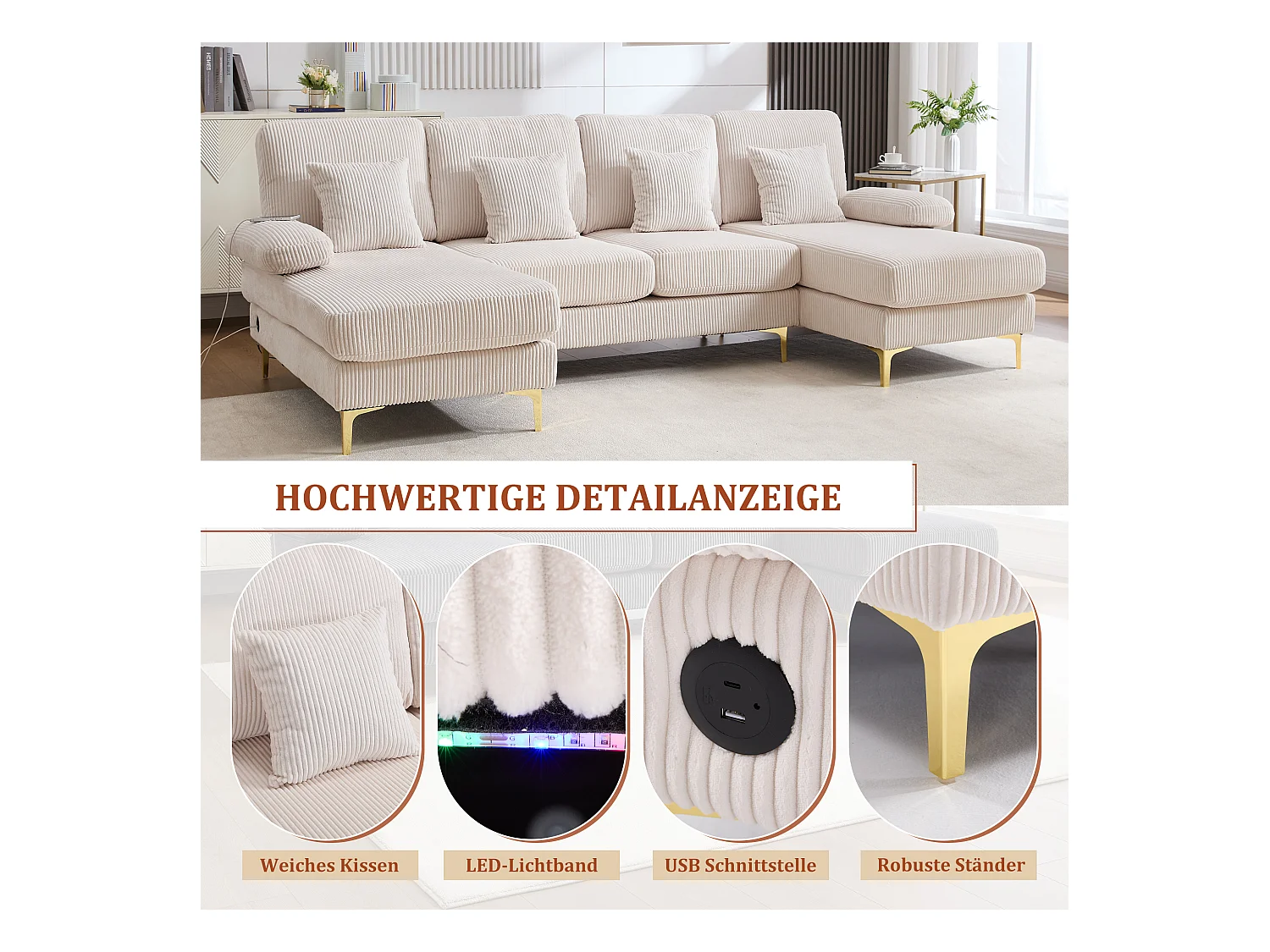 Canapé en forme de U - 265 x 135 x 88 cm - avec Leds + port USB-C + 4 coussins - velours - beige