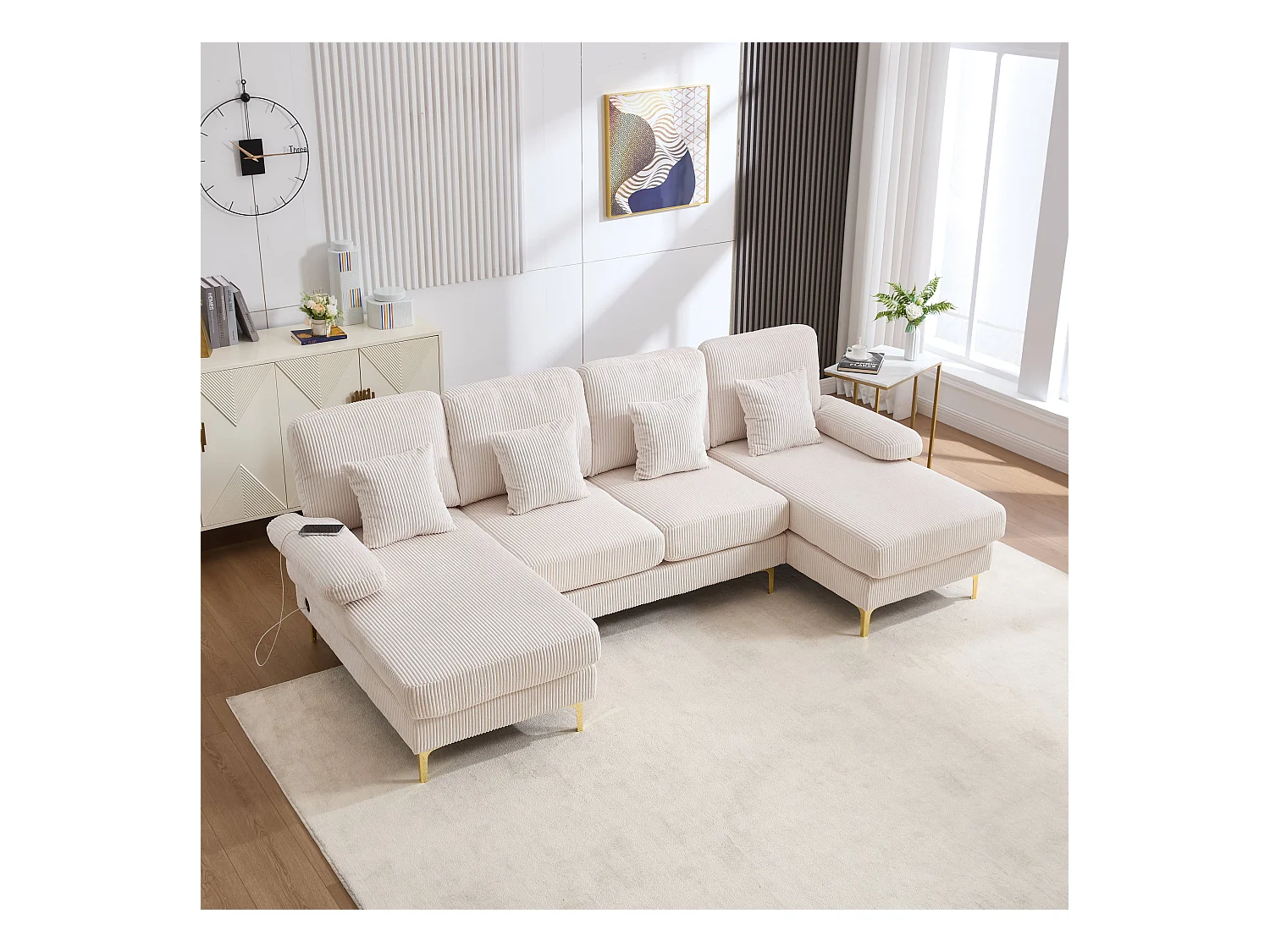 Canapé en forme de U - 265 x 135 x 88 cm - avec Leds + port USB-C + 4 coussins - velours - beige