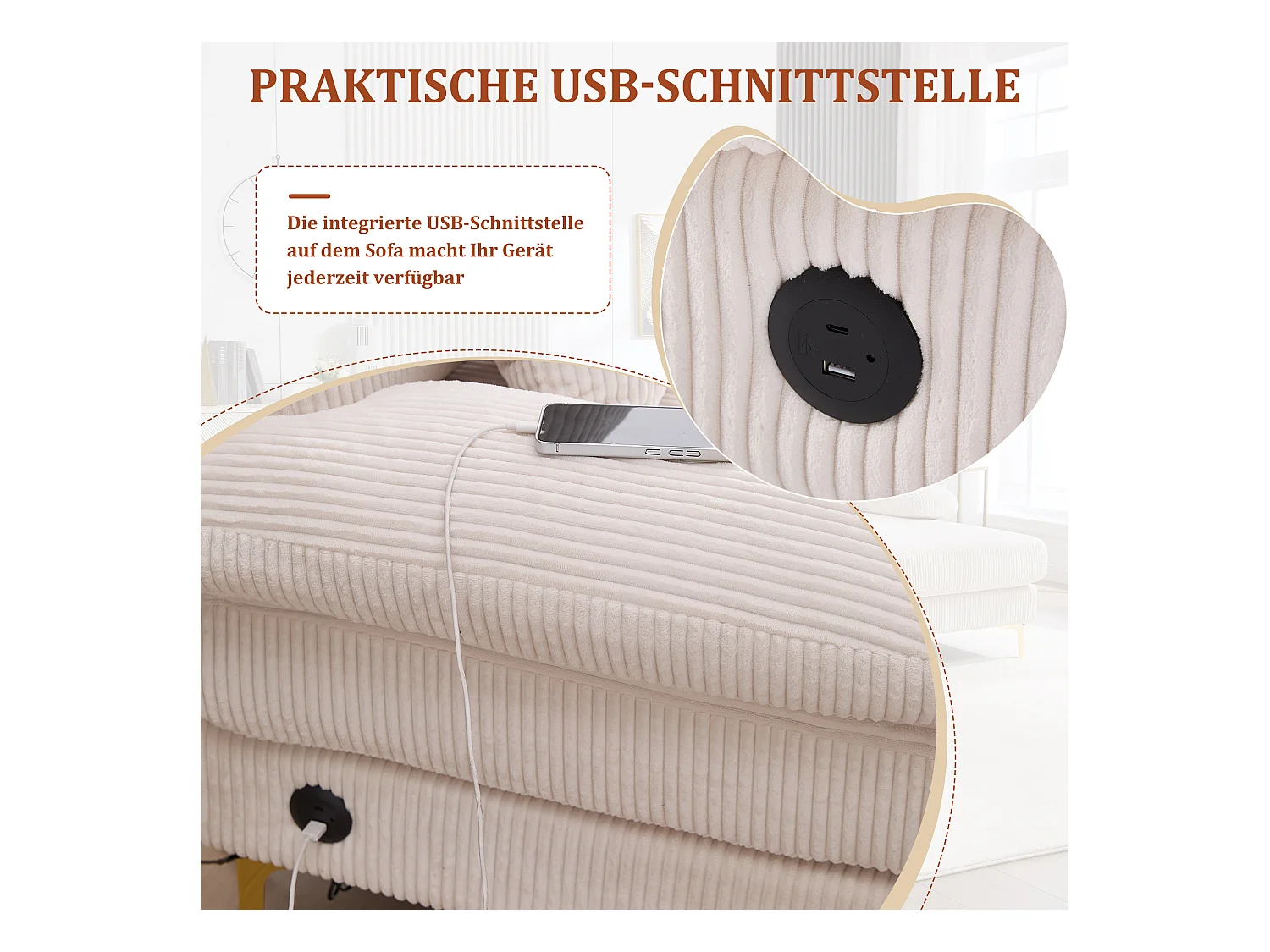 Canapé en forme de U - 265 x 135 x 88 cm - avec Leds + port USB-C + 4 coussins - velours - beige