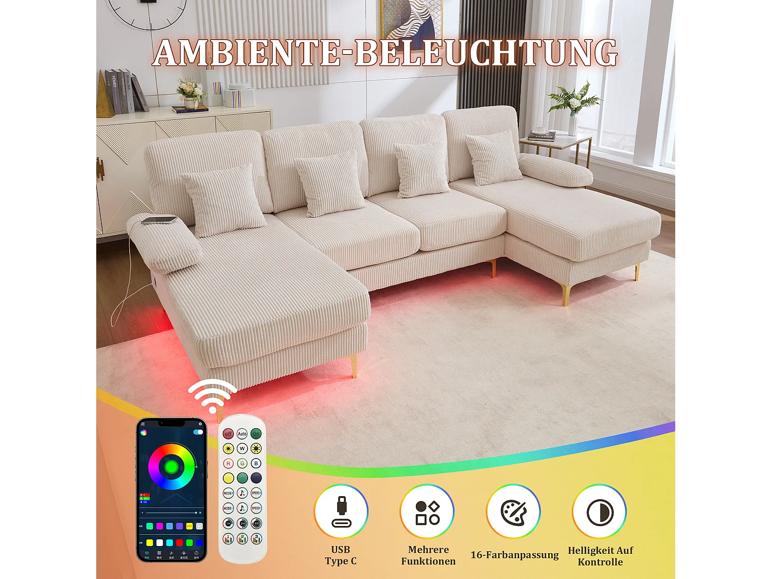 Canapé en forme de U - 265 x 135 x 88 cm - avec Leds + port USB-C + 4 coussins - velours - beige