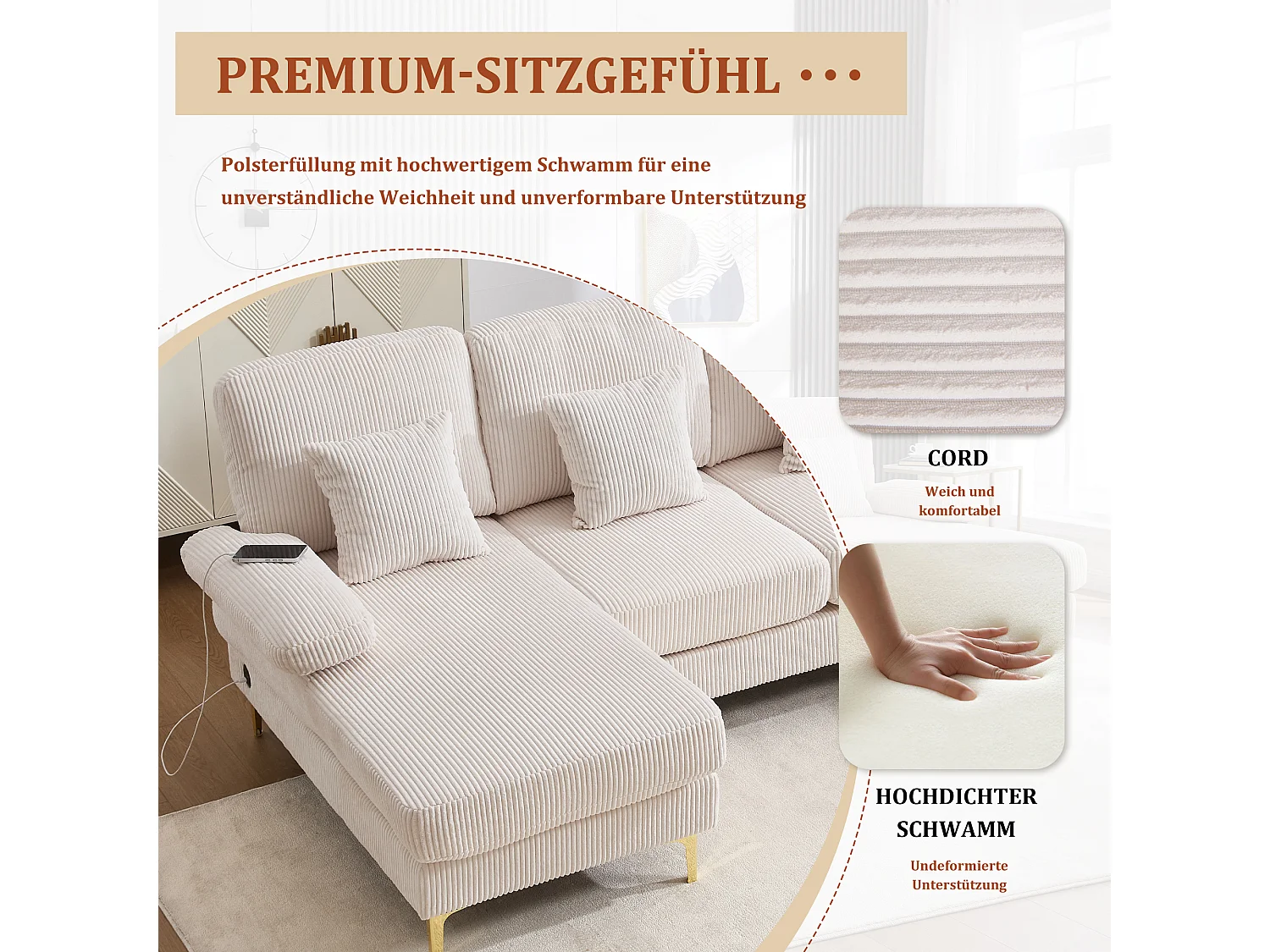 Canapé en forme de U - 265 x 135 x 88 cm - avec Leds + port USB-C + 4 coussins - velours - beige