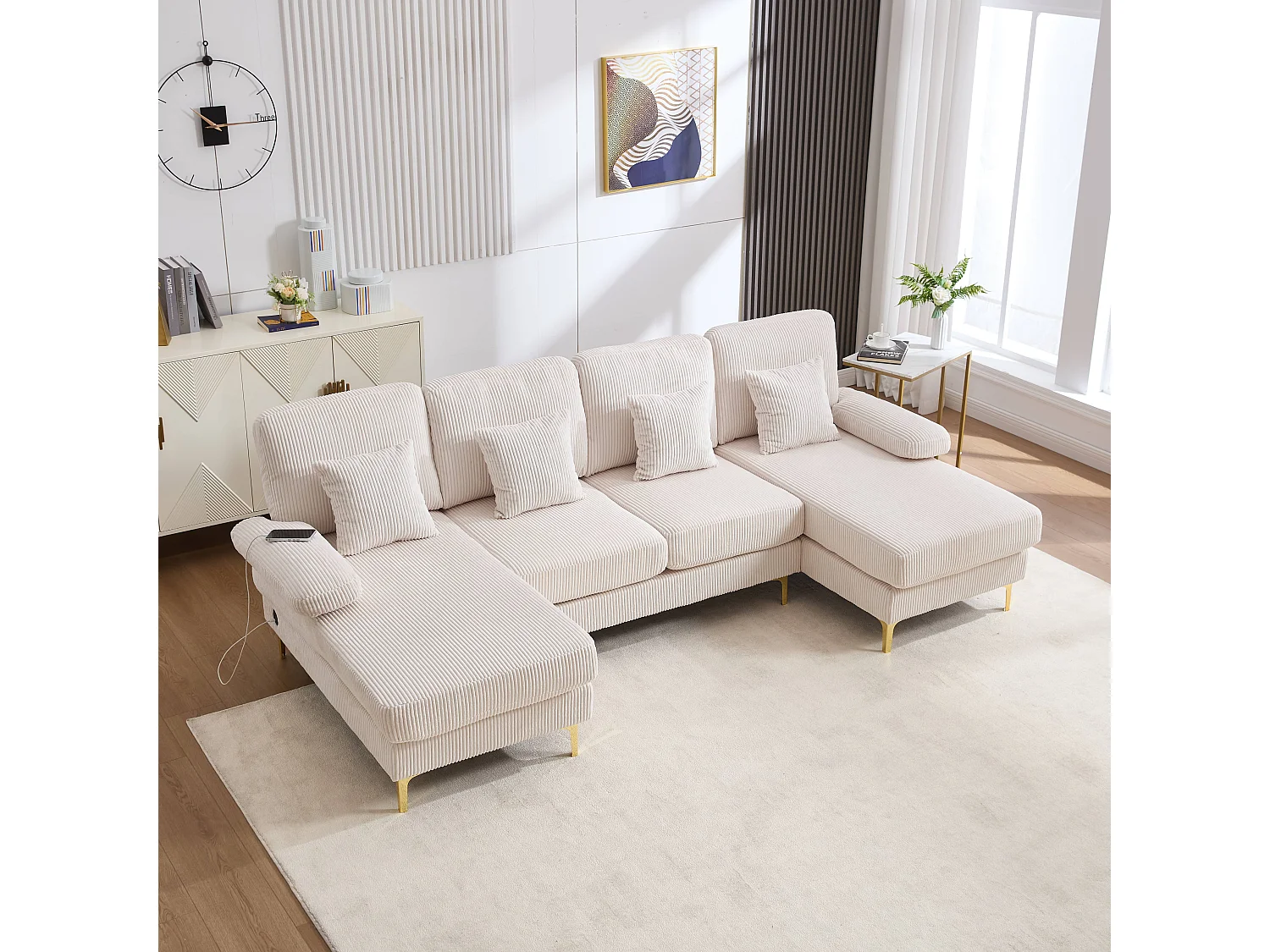 Canapé en forme de U - 265 x 135 x 88 cm - avec Leds + port USB-C + 4 coussins - velours - beige