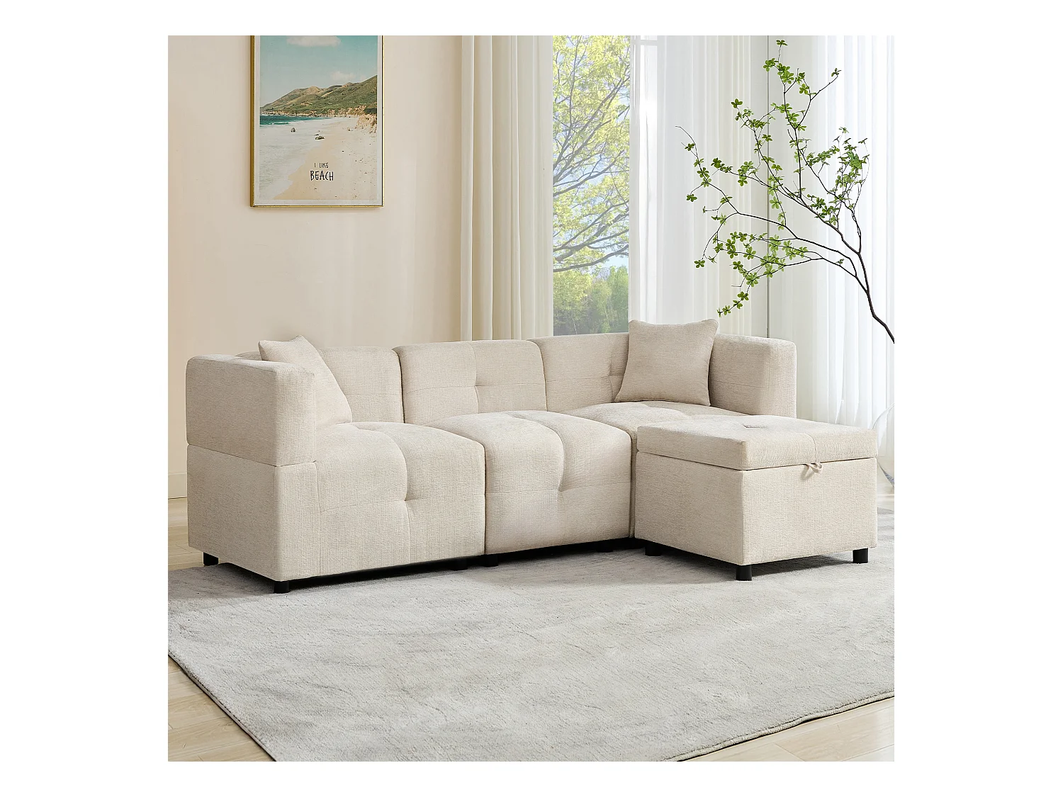 3-zits hoekbank - 204 x 126 x 69 cm - met opbergruimte + afneembare voetenbank + 2 kussens - Chenille - wit