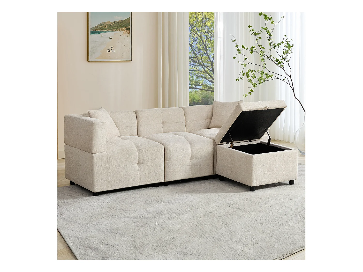 3-zits hoekbank - 204 x 126 x 69 cm - met opbergruimte + afneembare voetenbank + 2 kussens - Chenille - wit