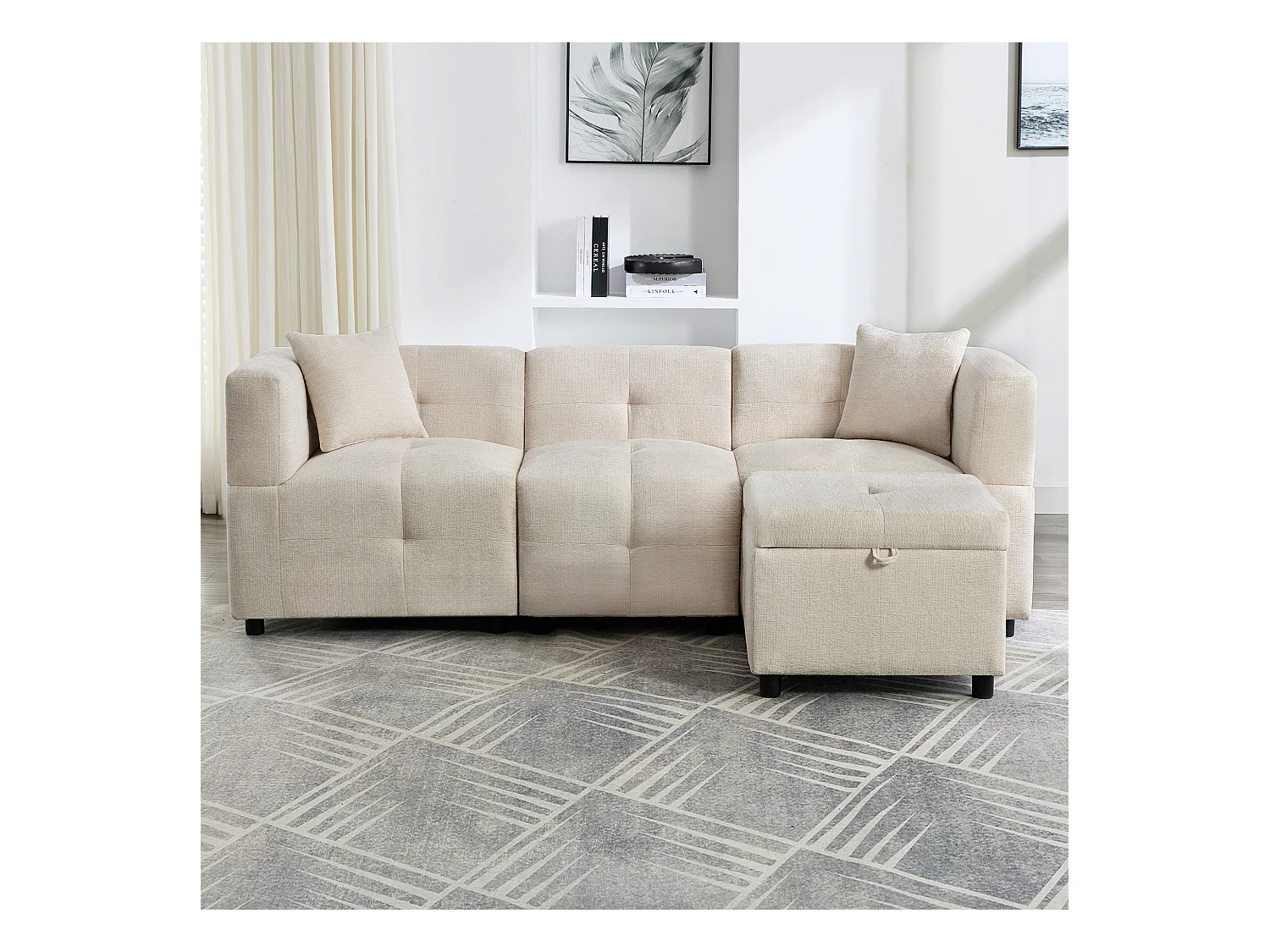 3-zits hoekbank - 204 x 126 x 69 cm - met opbergruimte + afneembare voetenbank + 2 kussens - Chenille - wit