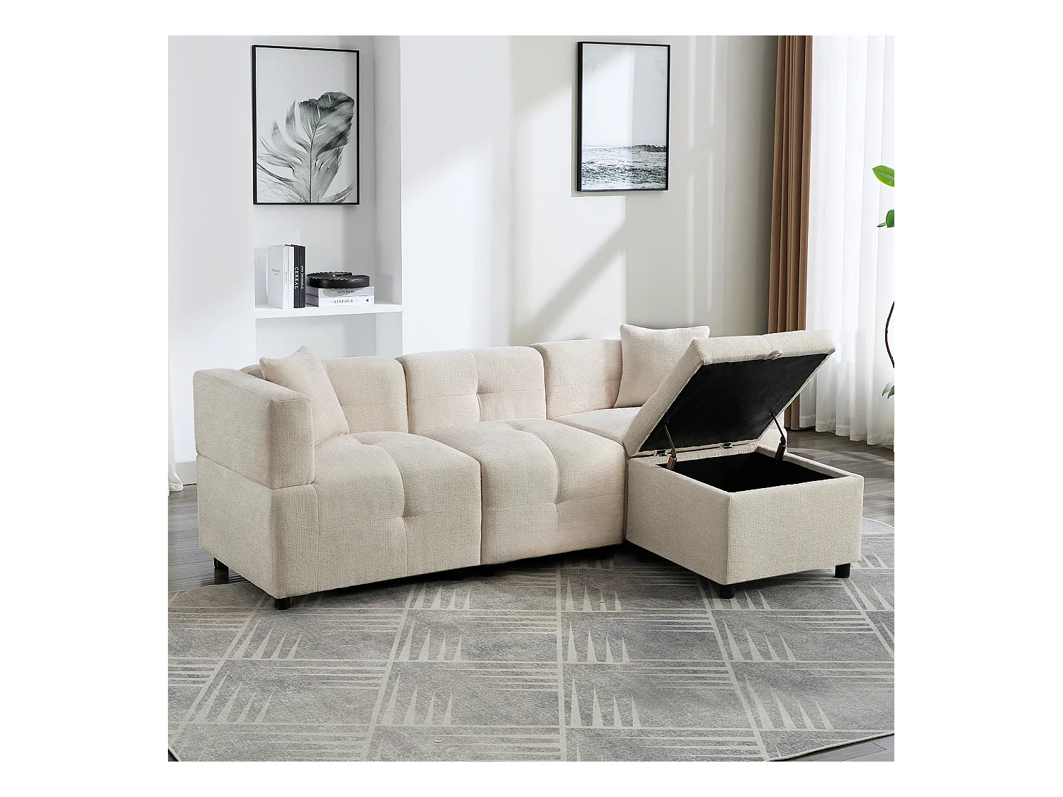 3-zits hoekbank - 204 x 126 x 69 cm - met opbergruimte + afneembare voetenbank + 2 kussens - Chenille - wit