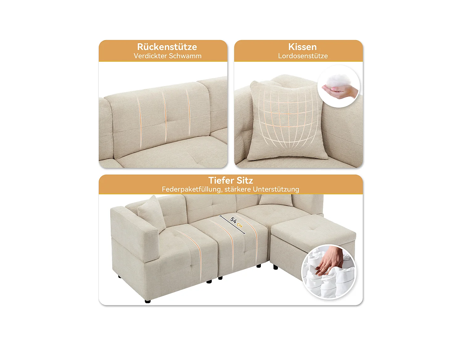 3-zits hoekbank - 204 x 126 x 69 cm - met opbergruimte + afneembare voetenbank + 2 kussens - Chenille - wit