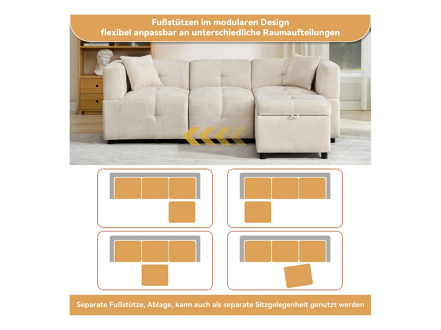 3-zits hoekbank - 204 x 126 x 69 cm - met opbergruimte + afneembare voetenbank + 2 kussens - Chenille - wit