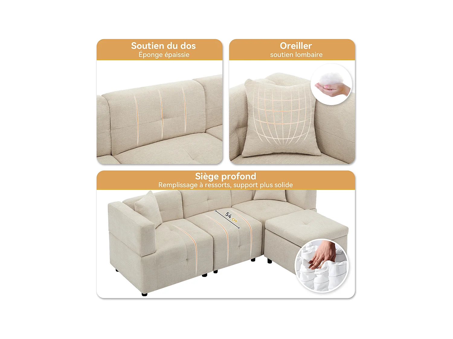 3-zits hoekbank - 204 x 126 x 69 cm - met opbergruimte + afneembare voetenbank + 2 kussens - Chenille - wit