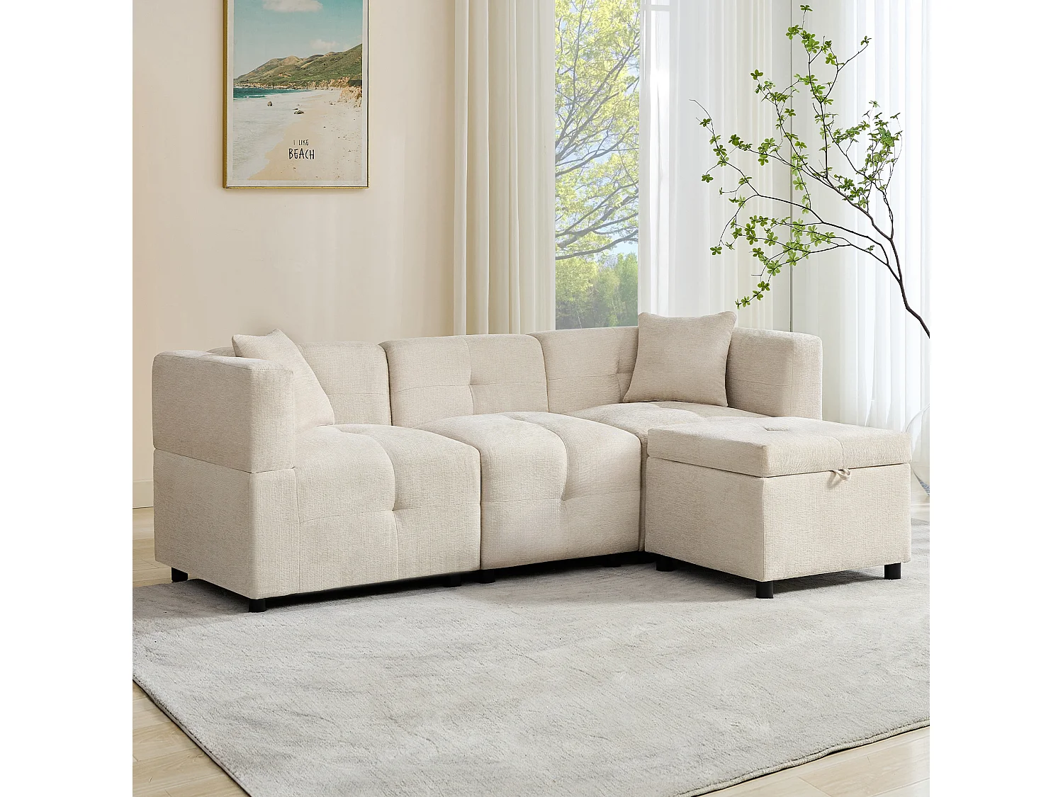 Divano angolare 3 posti - 204 x 126 x 69 cm - con contenitore + poggiapiedi rimovibile + 2 cuscini - Ciniglia - bianco