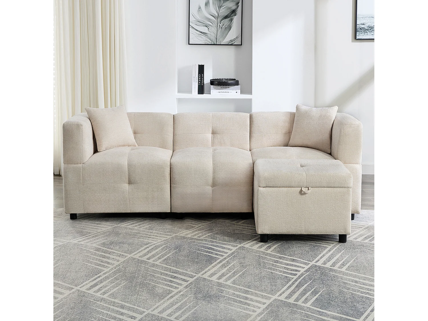 Divano angolare 3 posti - 204 x 126 x 69 cm - con contenitore + poggiapiedi rimovibile + 2 cuscini - Ciniglia - bianco