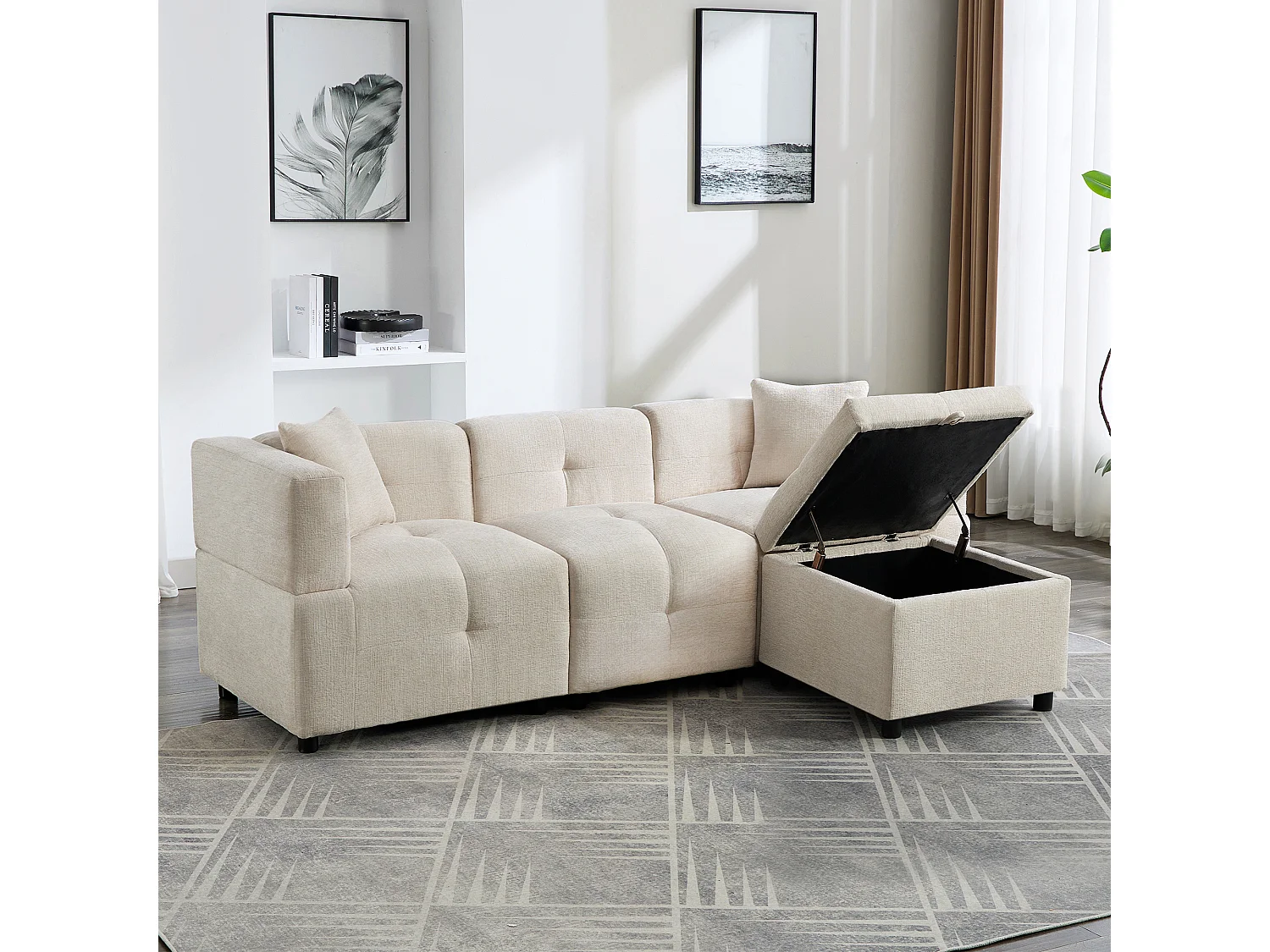 Divano angolare 3 posti - 204 x 126 x 69 cm - con contenitore + poggiapiedi rimovibile + 2 cuscini - Ciniglia - bianco