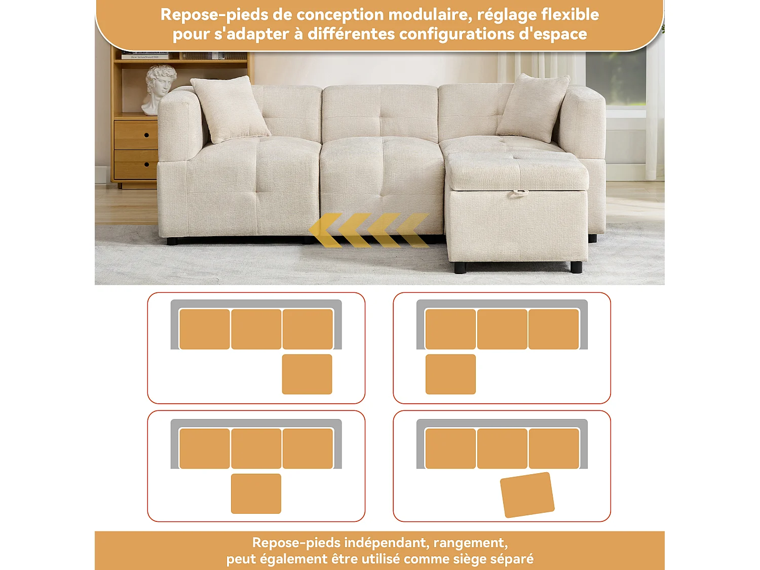 Divano angolare 3 posti - 204 x 126 x 69 cm - con contenitore + poggiapiedi rimovibile + 2 cuscini - Ciniglia - bianco