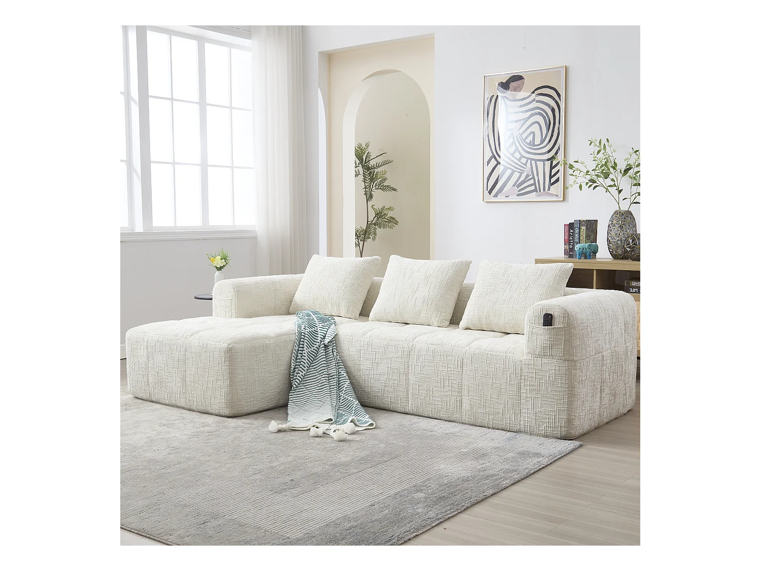 Canapé en L 3 places - 250 x 158 x 60 cm - avec méridienne + accoudoirs + 3 coussins - Chenille - beige