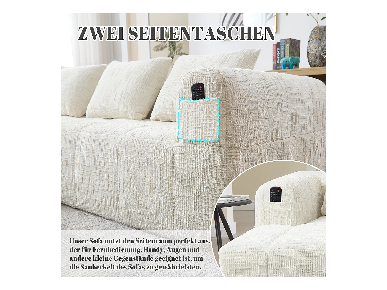 Canapé en L 3 places - 250 x 158 x 60 cm - avec méridienne + accoudoirs + 3 coussins - Chenille - beige