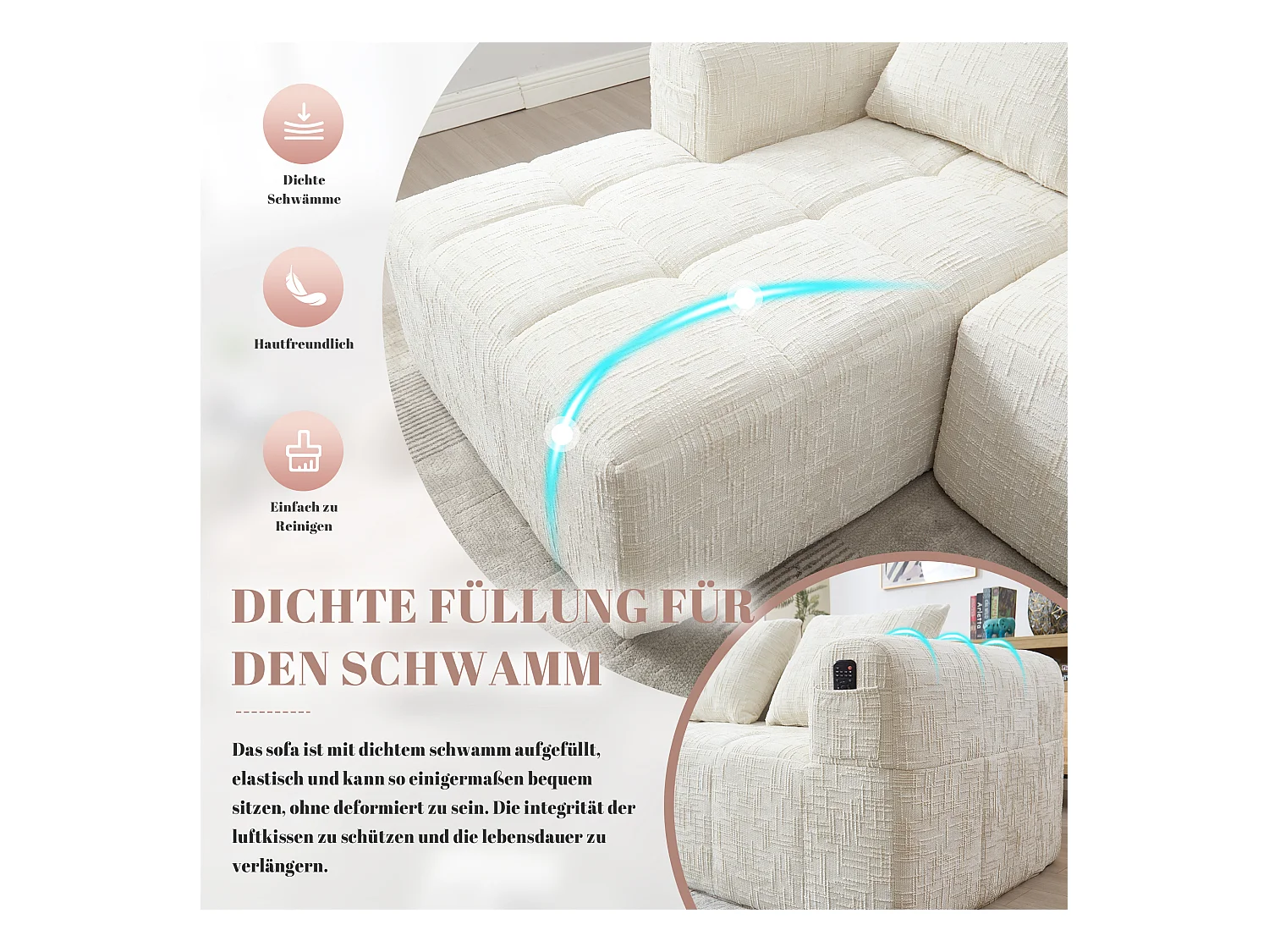 Canapé en L 3 places - 250 x 158 x 60 cm - avec méridienne + accoudoirs + 3 coussins - Chenille - beige