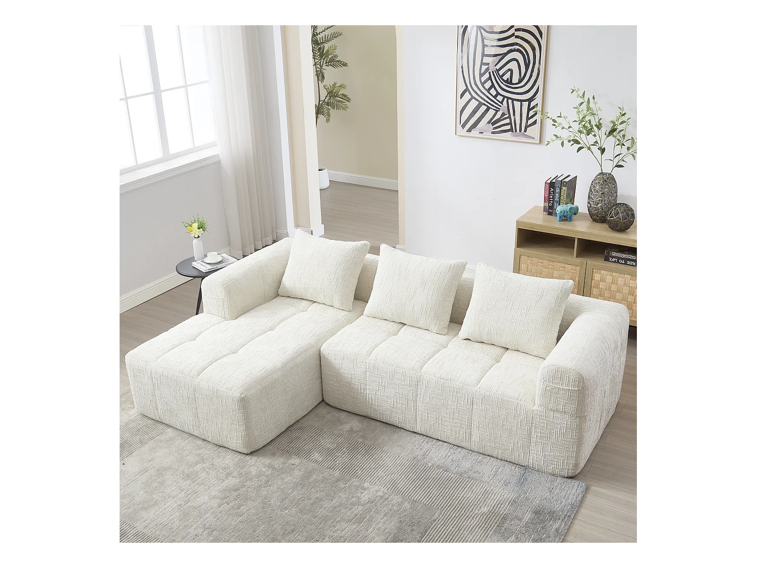 Canapé en L 3 places - 250 x 158 x 60 cm - avec méridienne + accoudoirs + 3 coussins - Chenille - beige