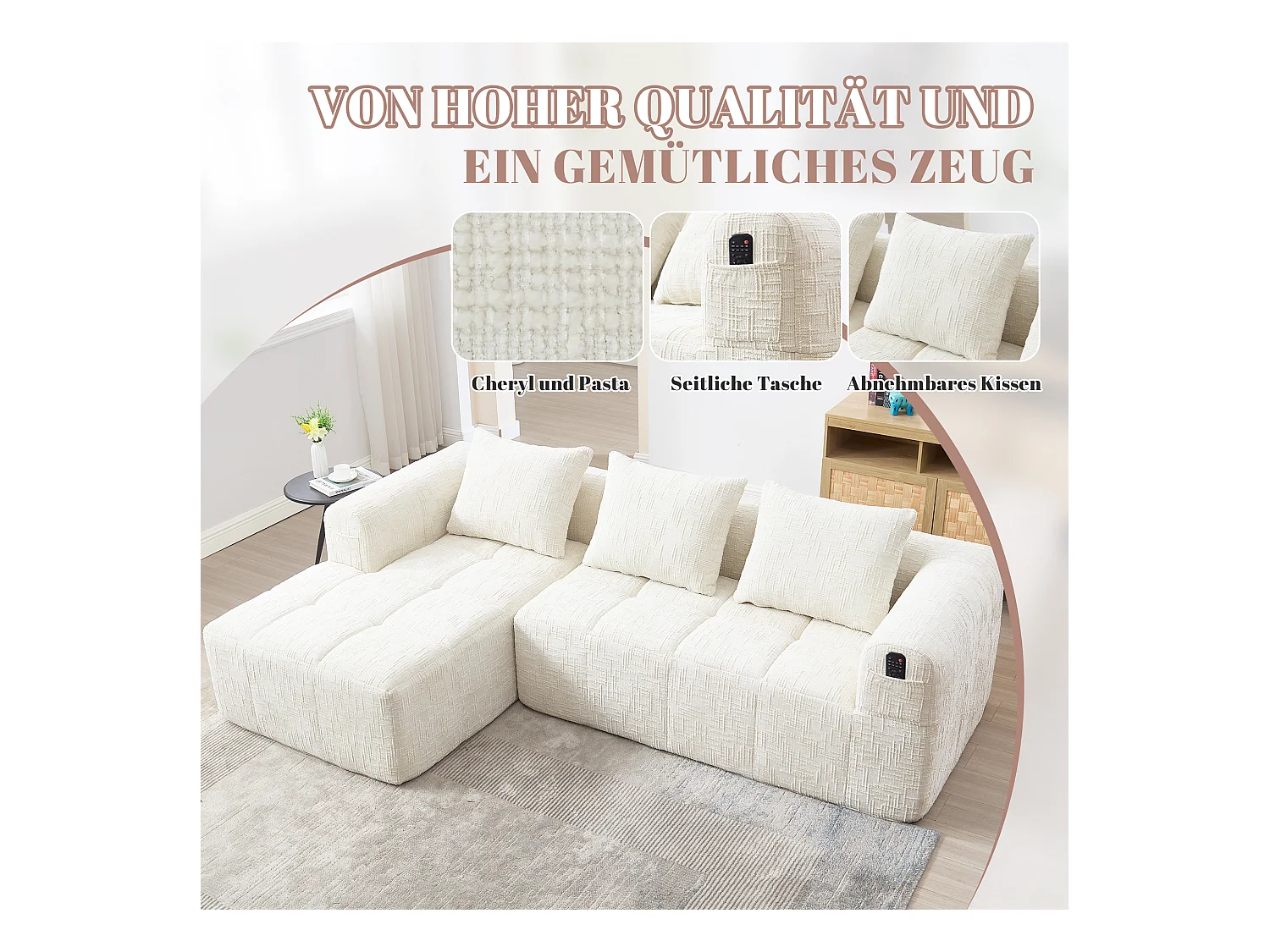 Canapé en L 3 places - 250 x 158 x 60 cm - avec méridienne + accoudoirs + 3 coussins - Chenille - beige