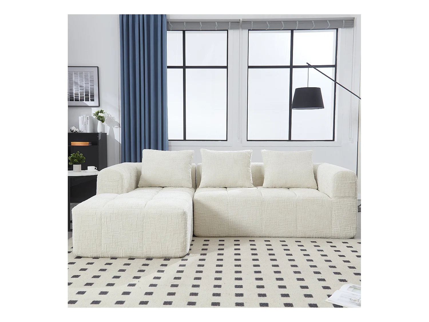 Canapé en L 3 places - 250 x 158 x 60 cm - avec méridienne + accoudoirs + 3 coussins - Chenille - beige