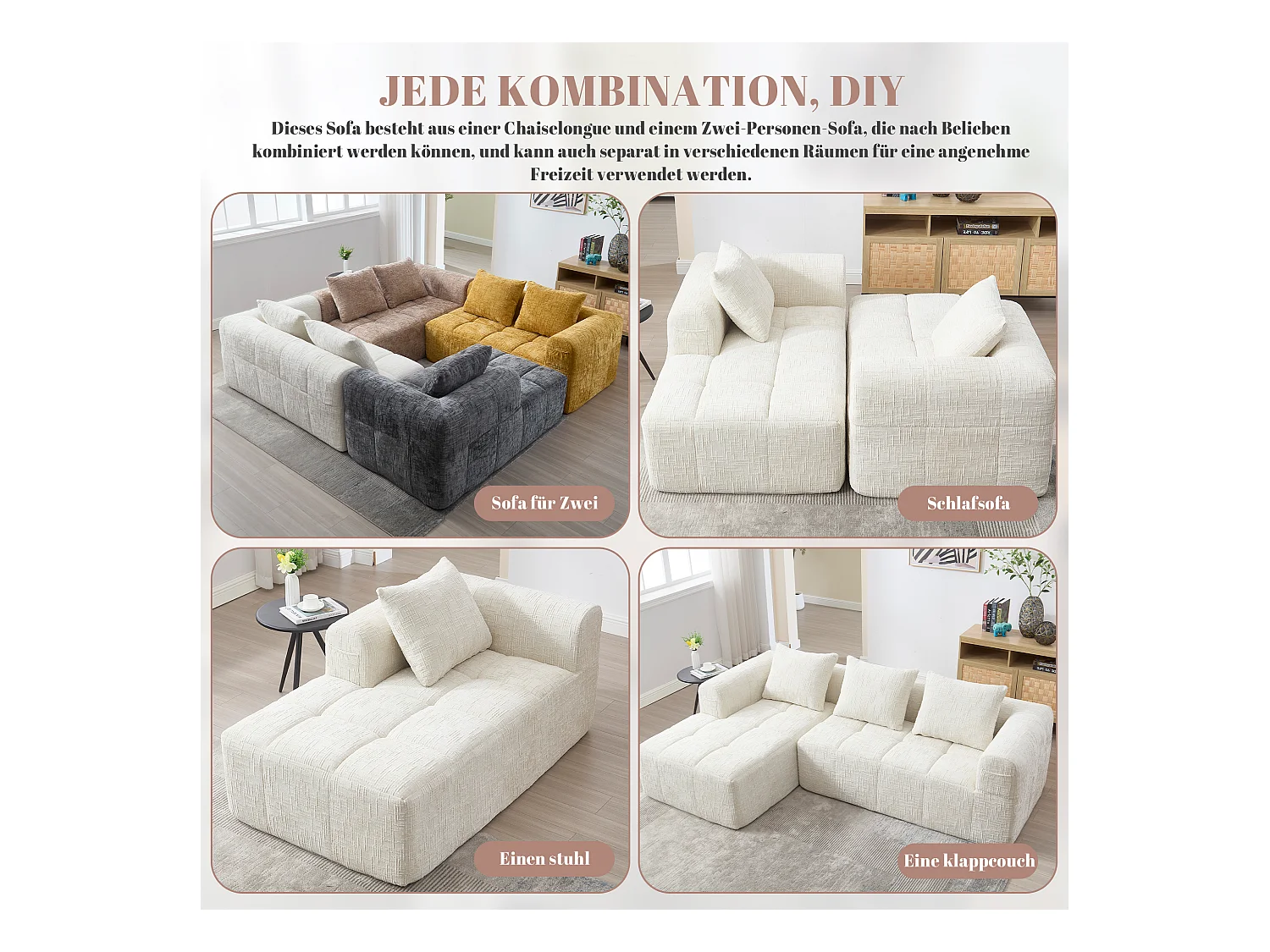 Canapé en L 3 places - 250 x 158 x 60 cm - avec méridienne + accoudoirs + 3 coussins - Chenille - beige