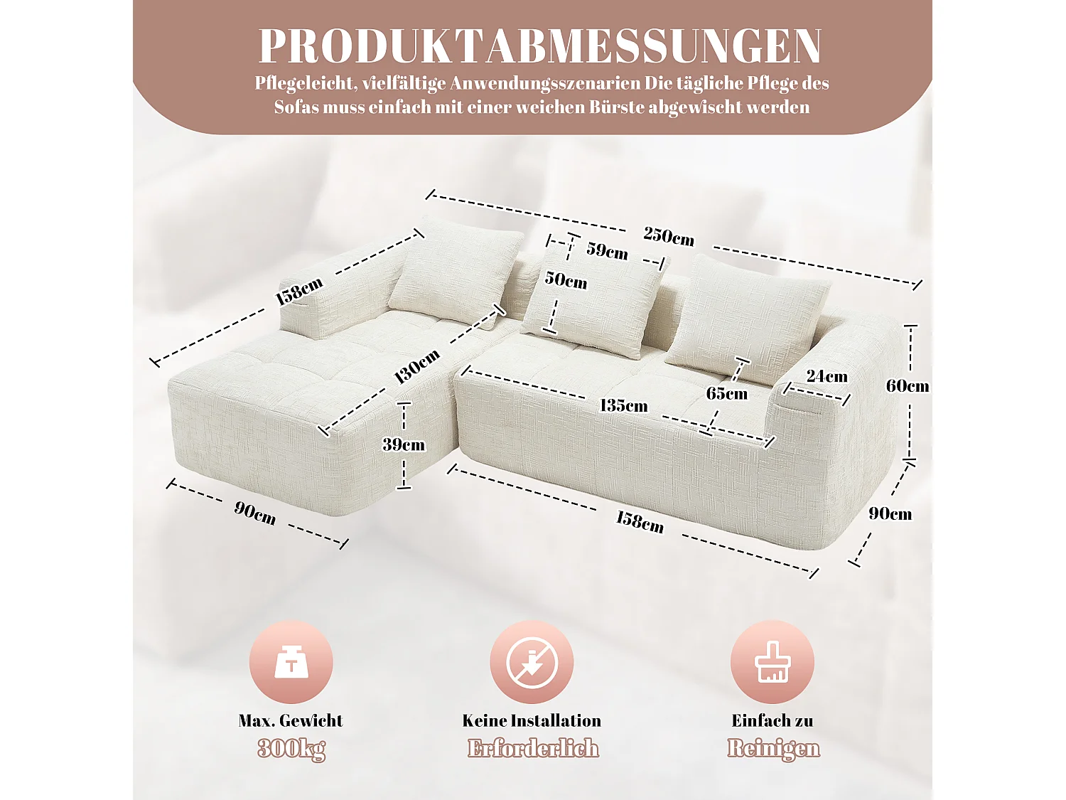 Canapé en L 3 places - 250 x 158 x 60 cm - avec méridienne + accoudoirs + 3 coussins - Chenille - beige