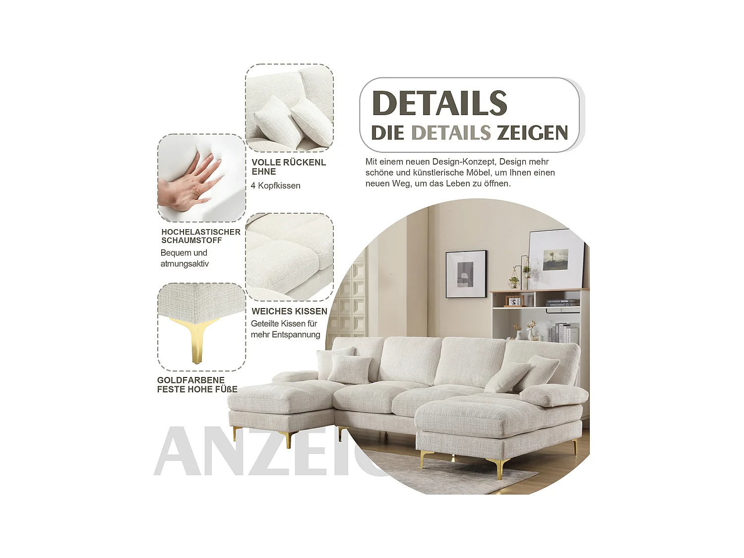 Canapé moderne en U - 272 x 136 x 88 cm - avec 2 sièges inclinables pour salon chambre - Chenille - beige