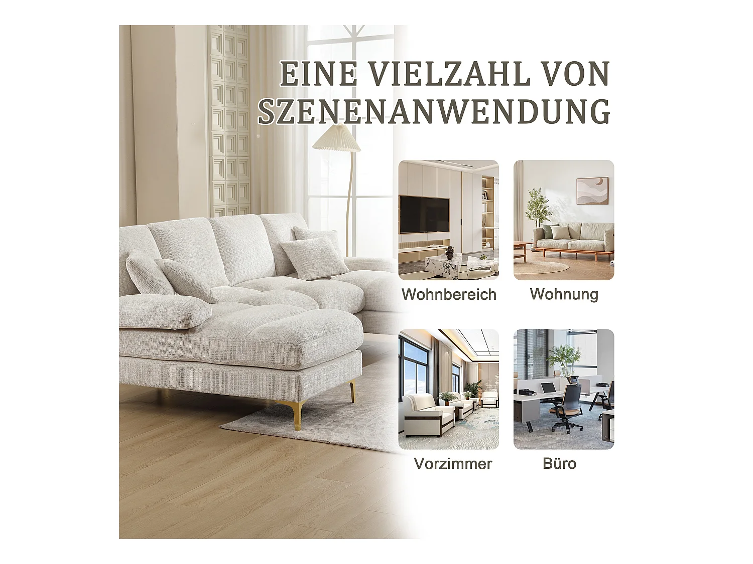 Canapé moderne en U - 272 x 136 x 88 cm - avec 2 sièges inclinables pour salon chambre - Chenille - beige