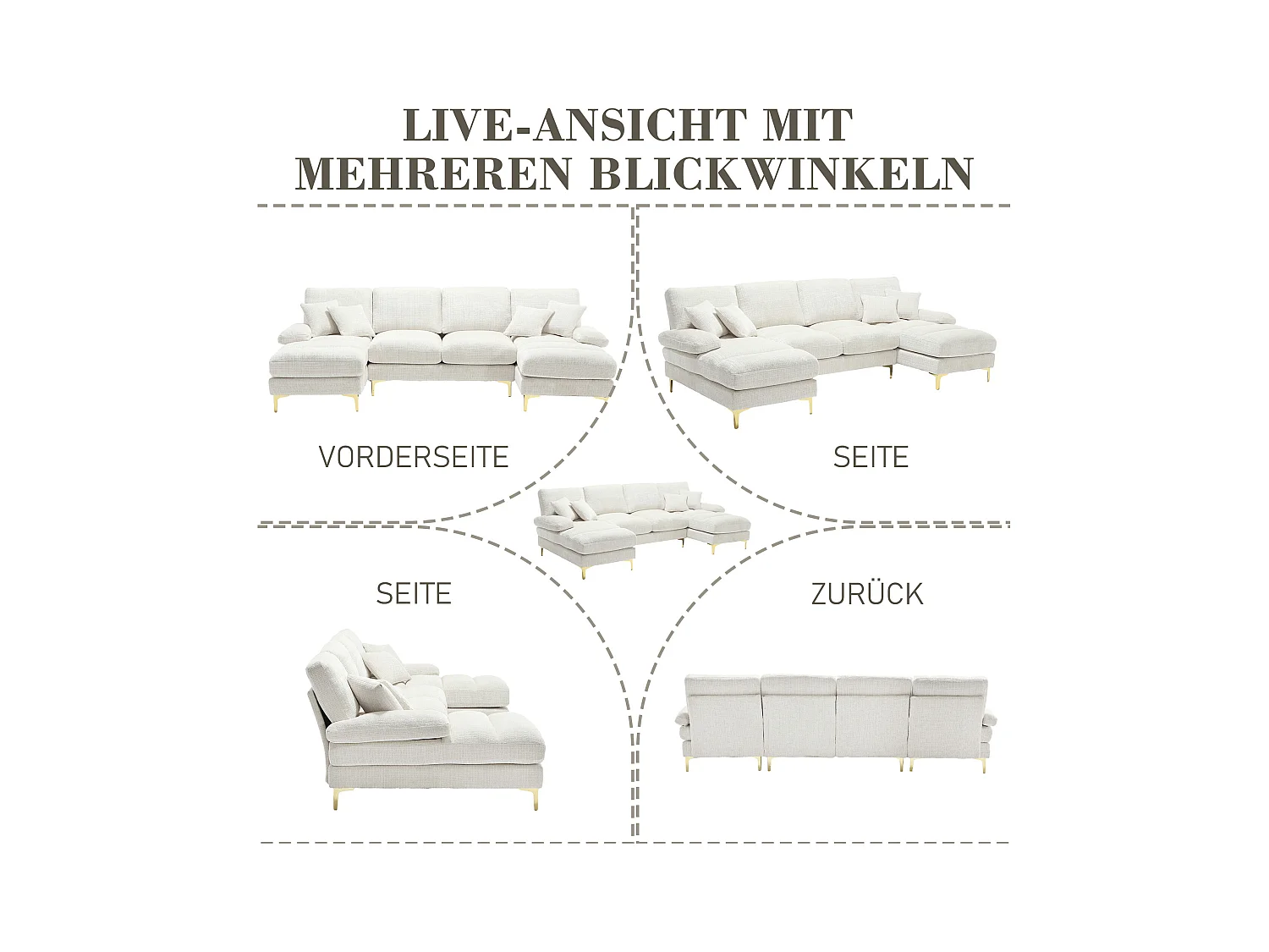 Canapé moderne en U - 272 x 136 x 88 cm - avec 2 sièges inclinables pour salon chambre - Chenille - beige