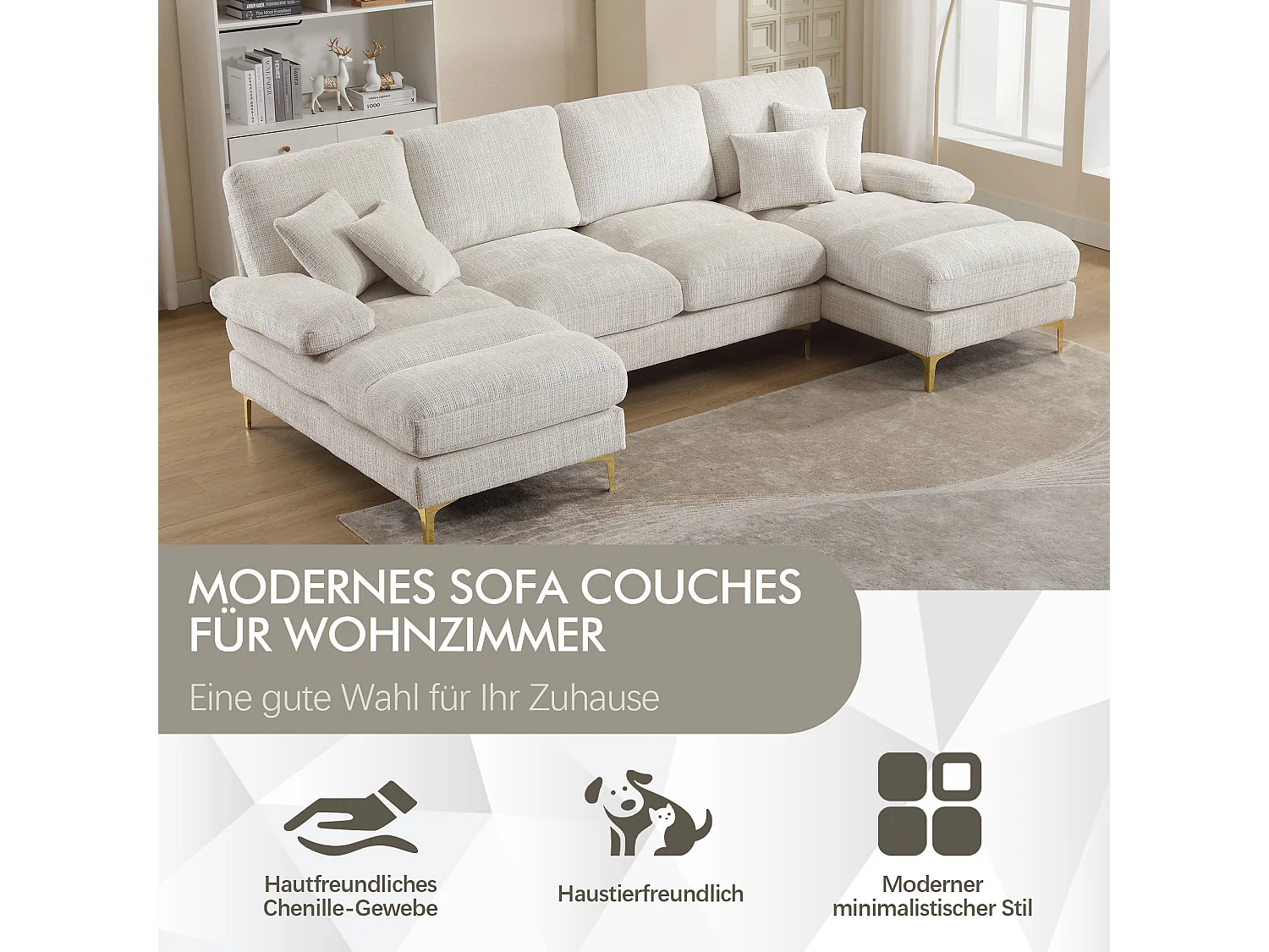 Modernes U-Sofa - 272 x 136 x 88 cm - mit 2 Liegesitzen für Wohnzimmer Schlafzimmer - Chenille - Beige