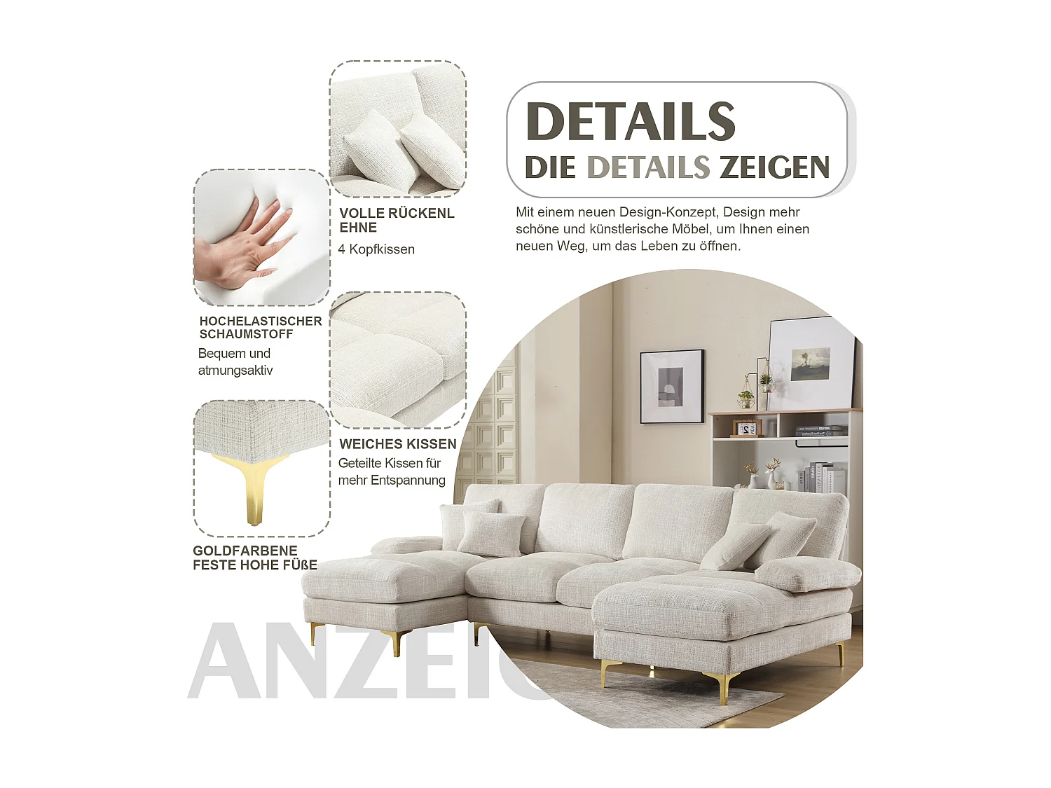 Modernes U-Sofa - 272 x 136 x 88 cm - mit 2 Liegesitzen für Wohnzimmer Schlafzimmer - Chenille - Beige