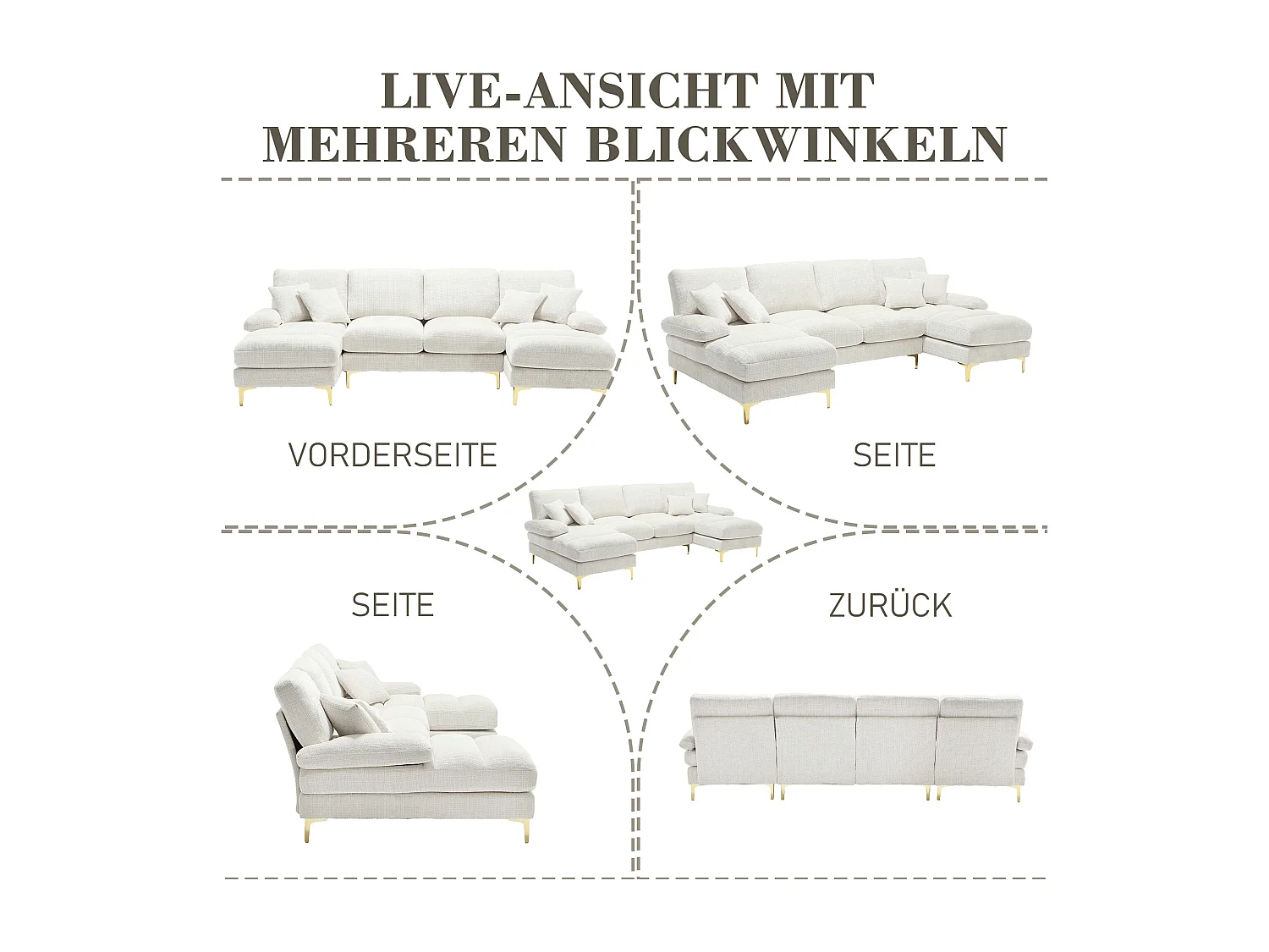 Modernes U-Sofa - 272 x 136 x 88 cm - mit 2 Liegesitzen für Wohnzimmer Schlafzimmer - Chenille - Beige