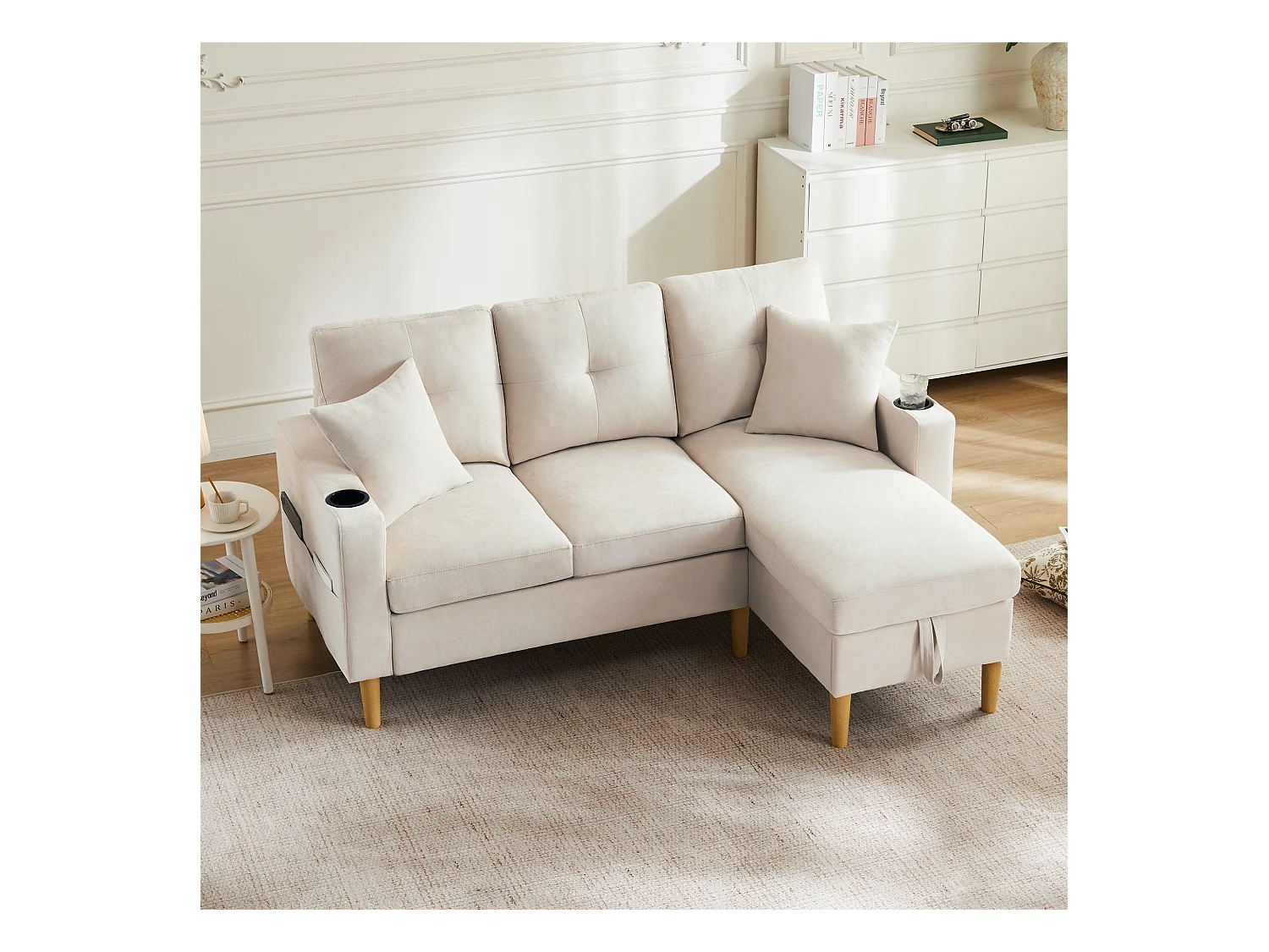 Canapé 3 places avec méridienne - 175 x 129 x 90 cm - avec rangement + 2 oreillers - coton + lin - beige