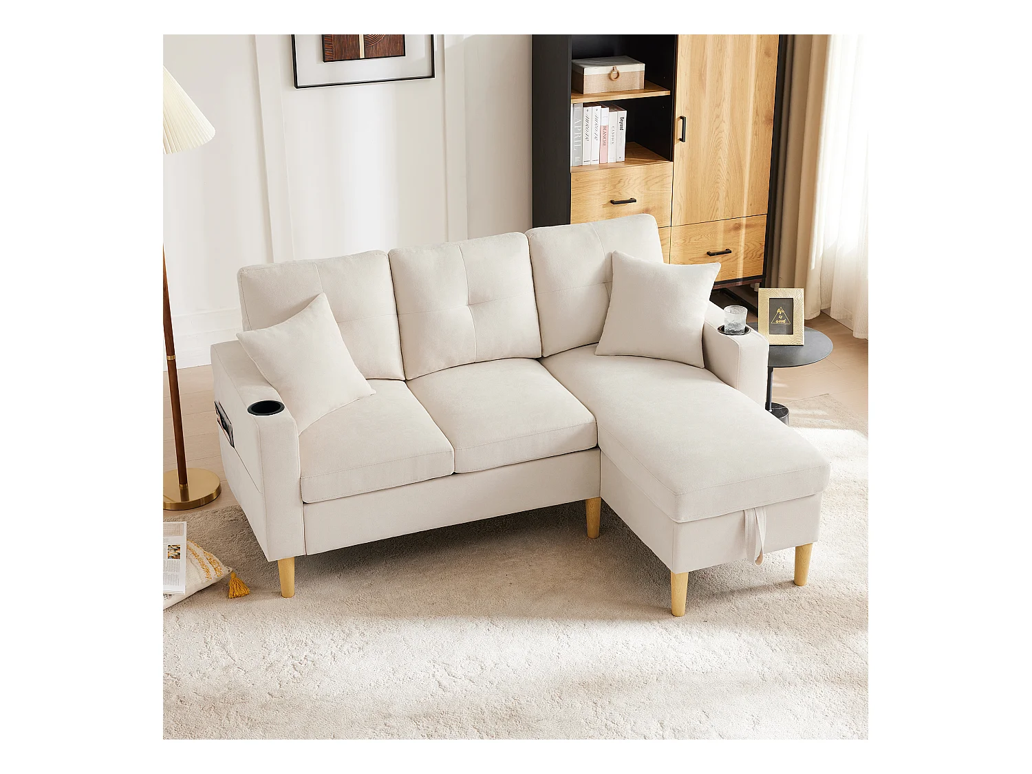 Canapé 3 places avec méridienne - 175 x 129 x 90 cm - avec rangement + 2 oreillers - coton + lin - beige