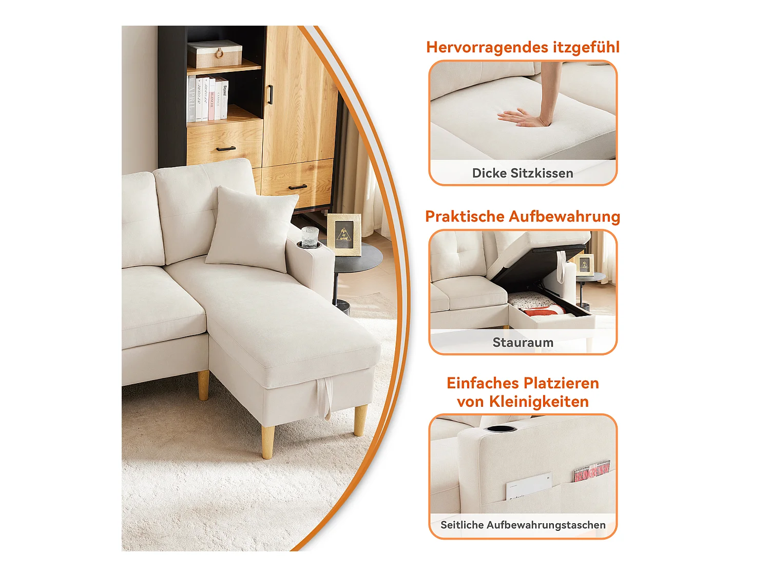 Canapé 3 places avec méridienne - 175 x 129 x 90 cm - avec rangement + 2 oreillers - coton + lin - beige