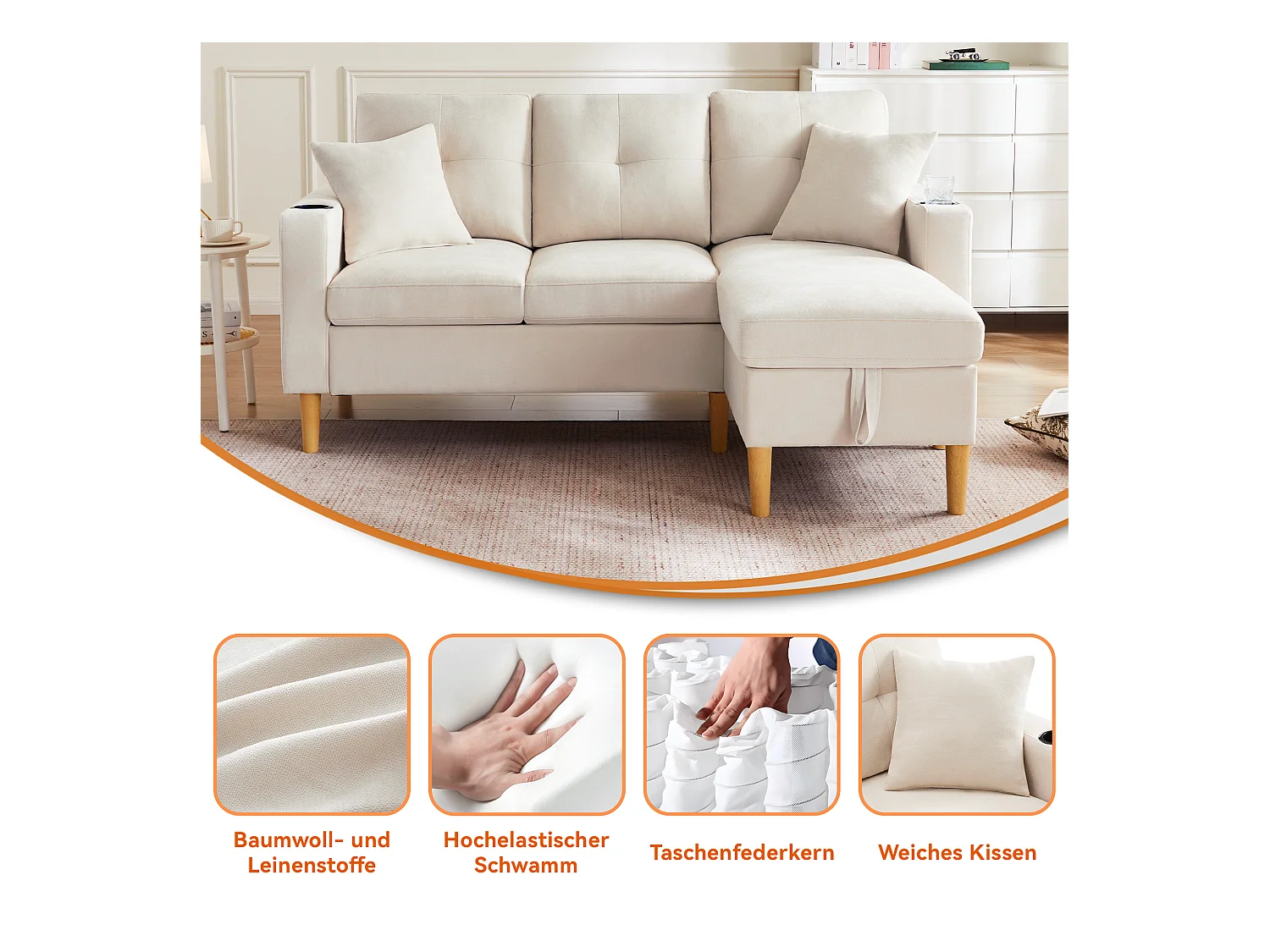 Canapé 3 places avec méridienne - 175 x 129 x 90 cm - avec rangement + 2 oreillers - coton + lin - beige