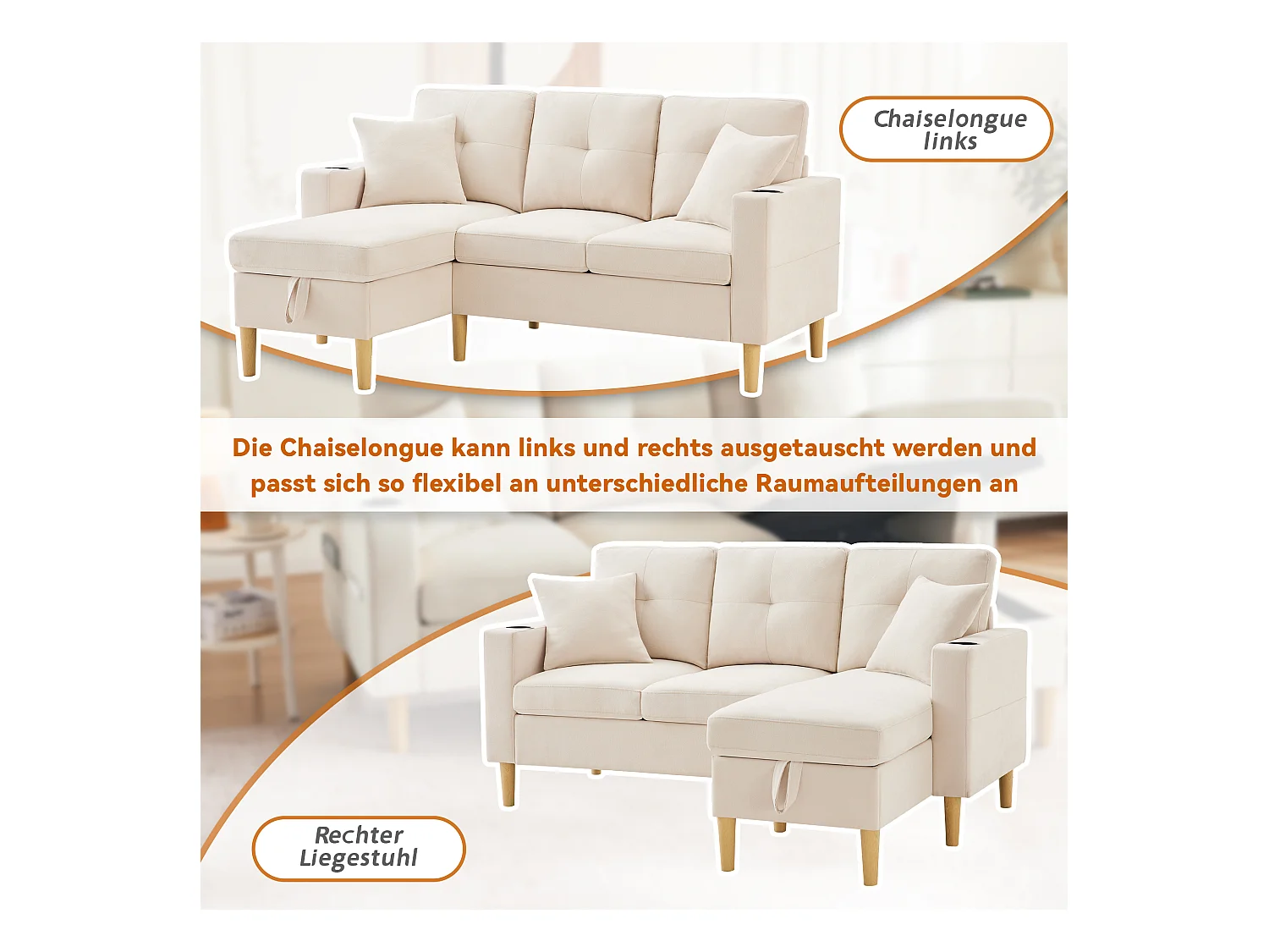 Canapé 3 places avec méridienne - 175 x 129 x 90 cm - avec rangement + 2 oreillers - coton + lin - beige