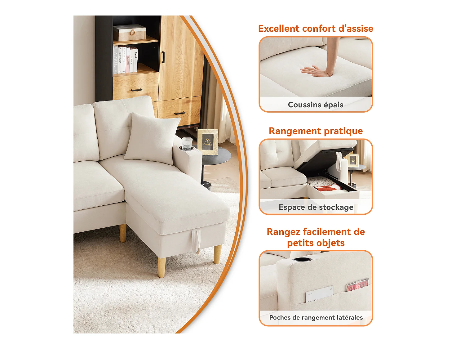 Canapé 3 places avec méridienne - 175 x 129 x 90 cm - avec rangement + 2 oreillers - coton + lin - beige