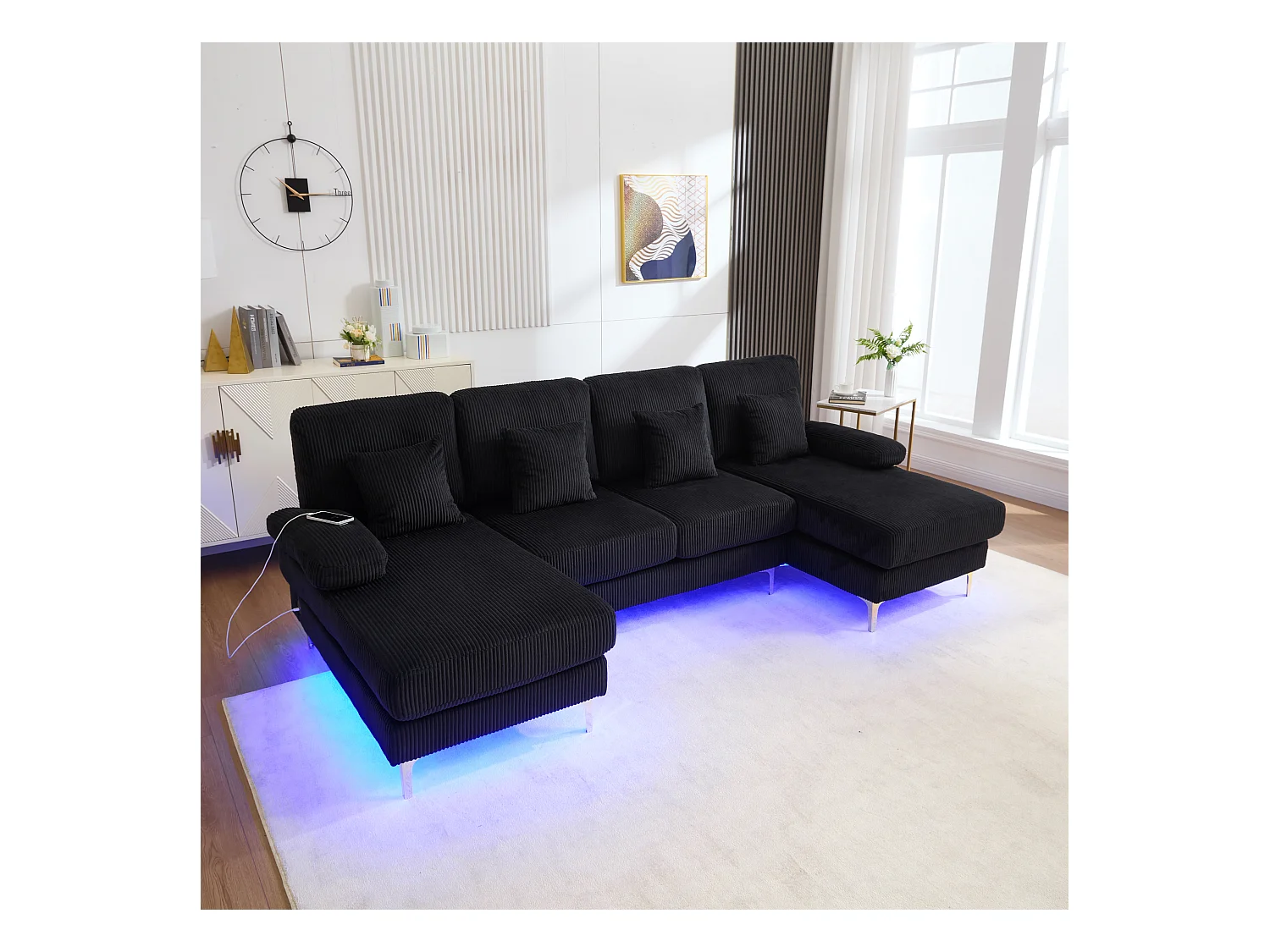Canapé en forme de U - 265 x 135 x 88 cm - avec Leds + port USB-C + 4 coussins - velours - noir