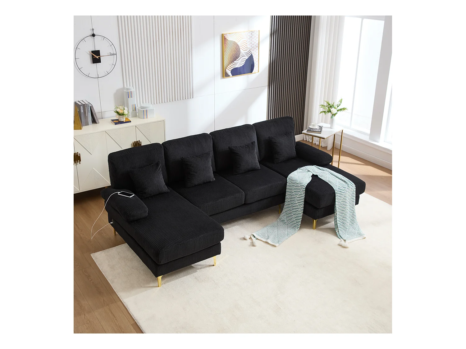 Canapé en forme de U - 265 x 135 x 88 cm - avec Leds + port USB-C + 4 coussins - velours - noir