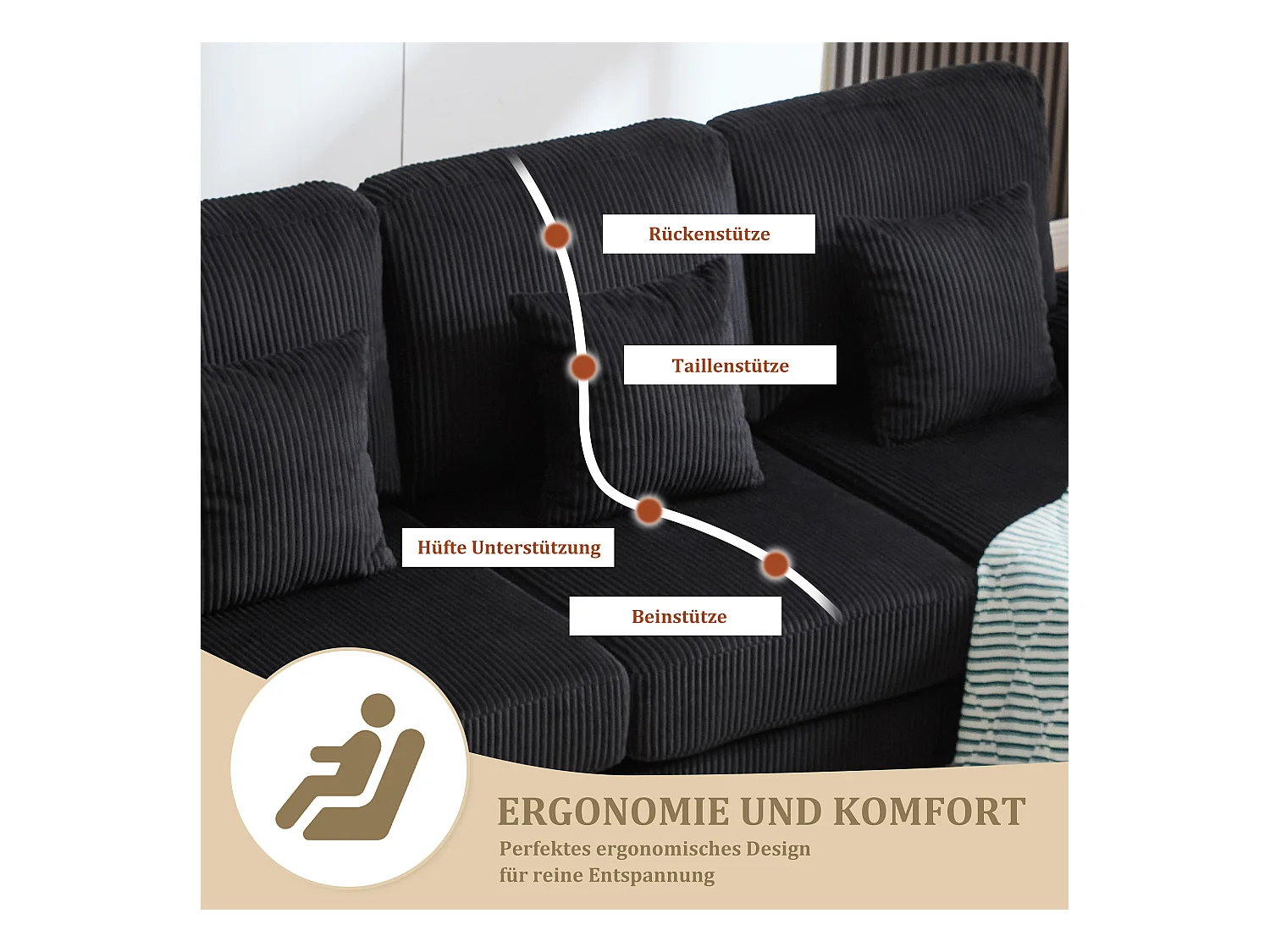 Canapé en forme de U - 265 x 135 x 88 cm - avec Leds + port USB-C + 4 coussins - velours - noir