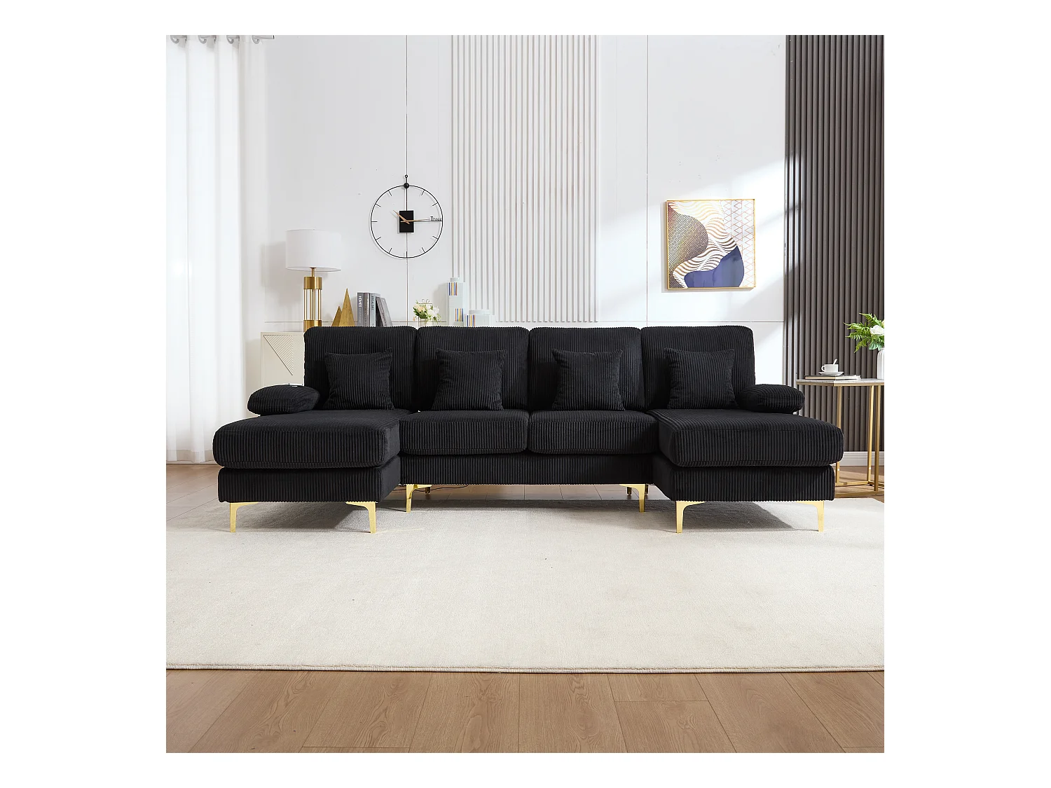 Canapé en forme de U - 265 x 135 x 88 cm - avec Leds + port USB-C + 4 coussins - velours - noir