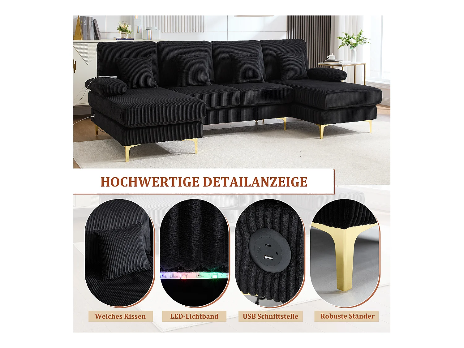 Canapé en forme de U - 265 x 135 x 88 cm - avec Leds + port USB-C + 4 coussins - velours - noir