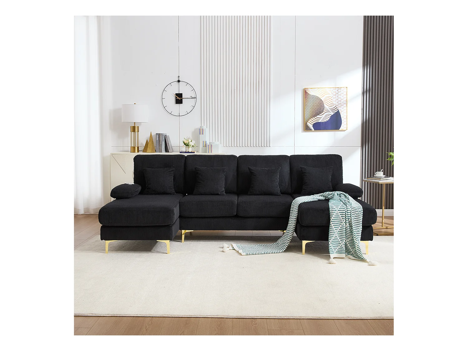 Canapé en forme de U - 265 x 135 x 88 cm - avec Leds + port USB-C + 4 coussins - velours - noir