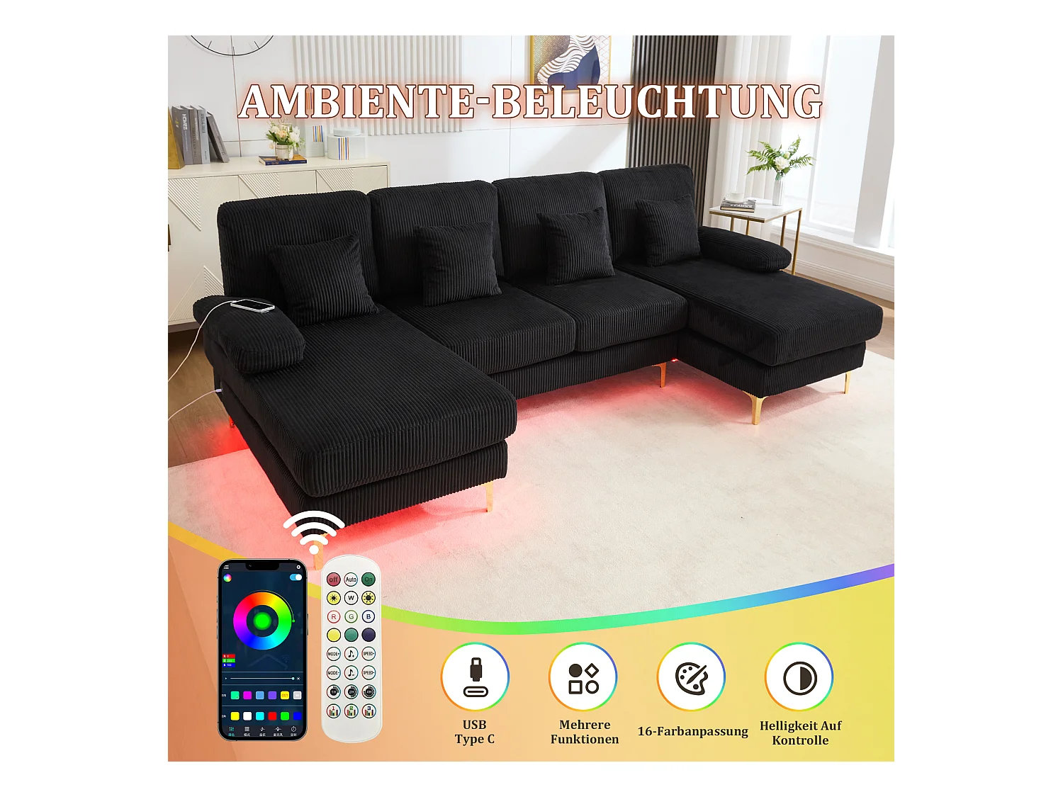 Canapé en forme de U - 265 x 135 x 88 cm - avec Leds + port USB-C + 4 coussins - velours - noir