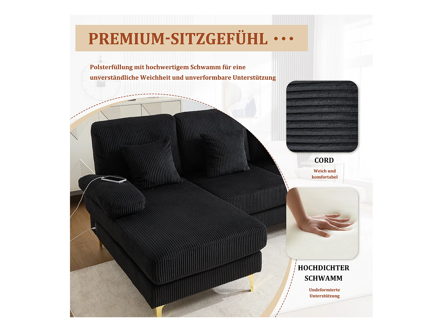 Canapé en forme de U - 265 x 135 x 88 cm - avec Leds + port USB-C + 4 coussins - velours - noir