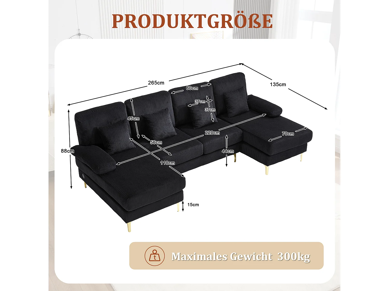 Canapé en forme de U - 265 x 135 x 88 cm - avec Leds + port USB-C + 4 coussins - velours - noir