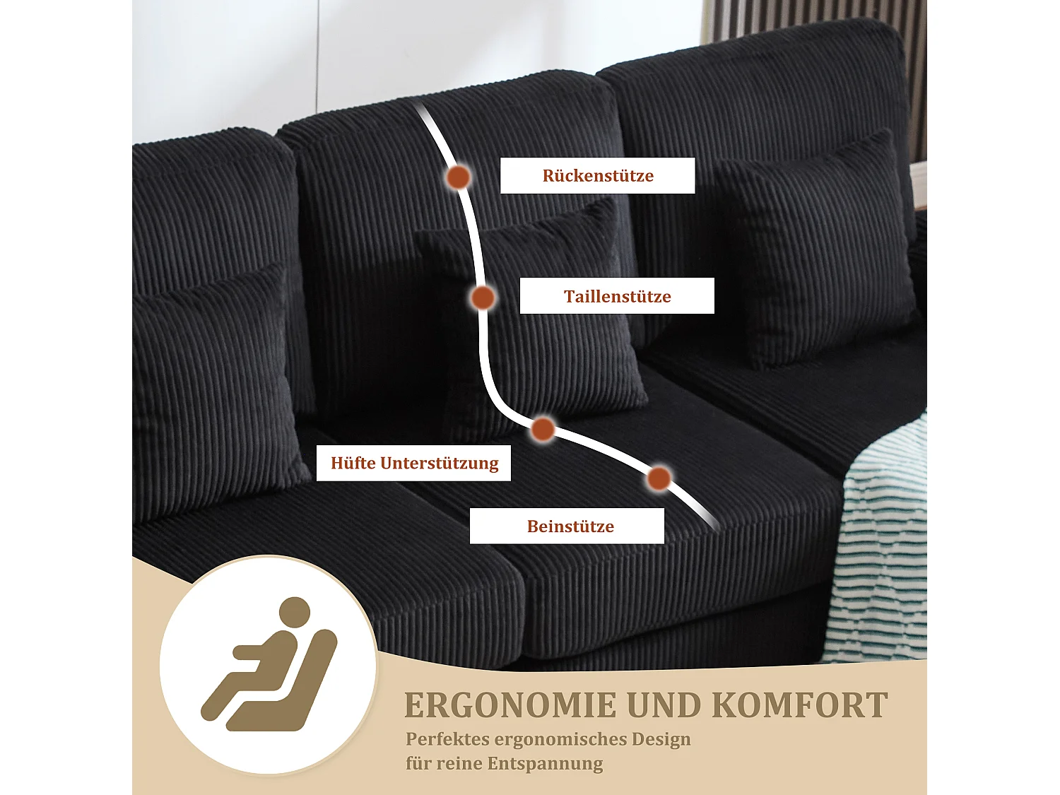 Canapé en forme de U - 265 x 135 x 88 cm - avec Leds + port USB-C + 4 coussins - velours - noir