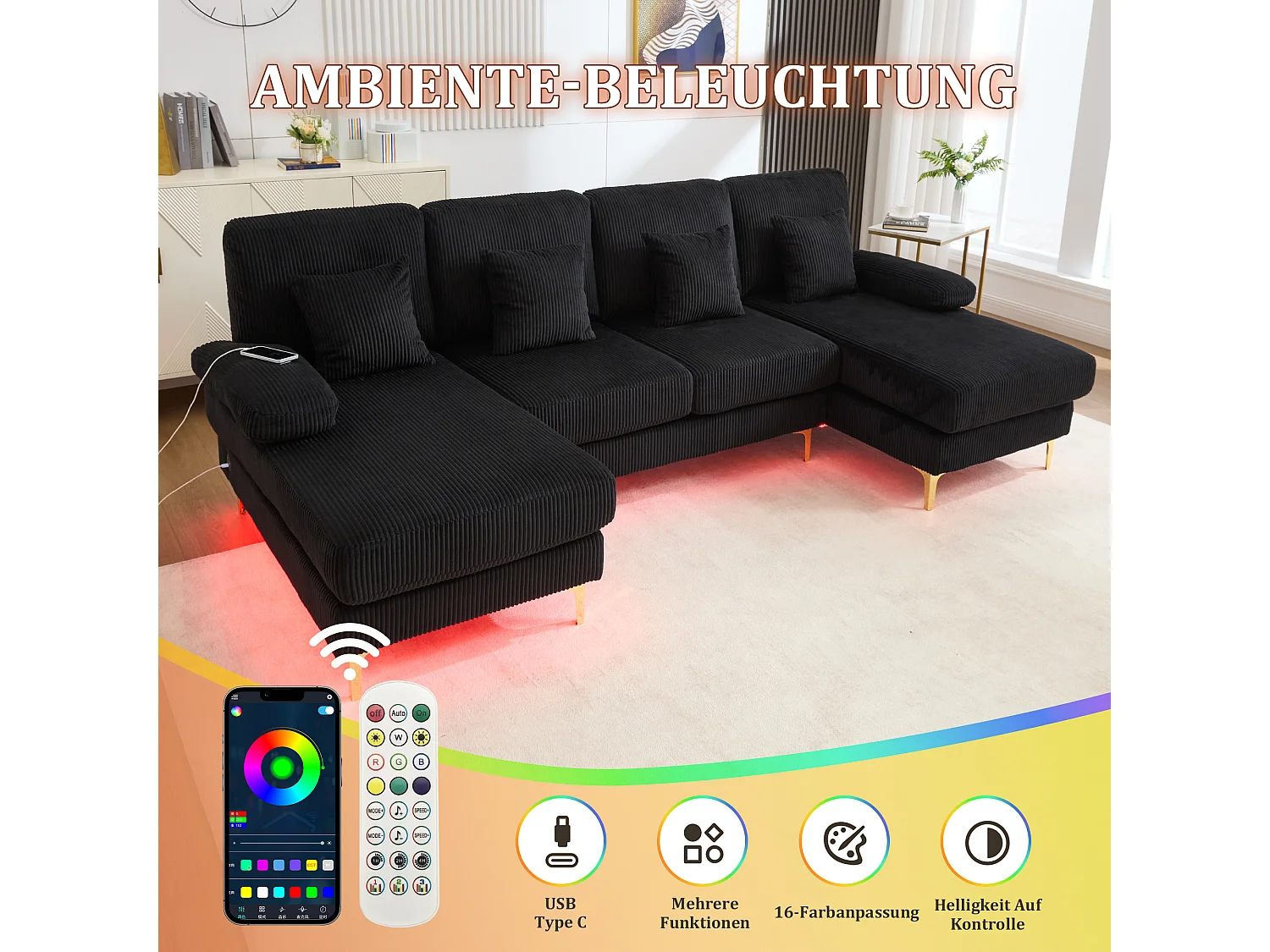 Canapé en forme de U - 265 x 135 x 88 cm - avec Leds + port USB-C + 4 coussins - velours - noir