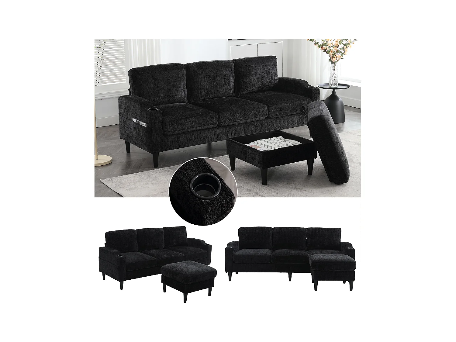 Canapé avec repose-pieds 4 places - 196.5 x 75 x 77 cm - avec rangement + accoudoirs - velours - noir